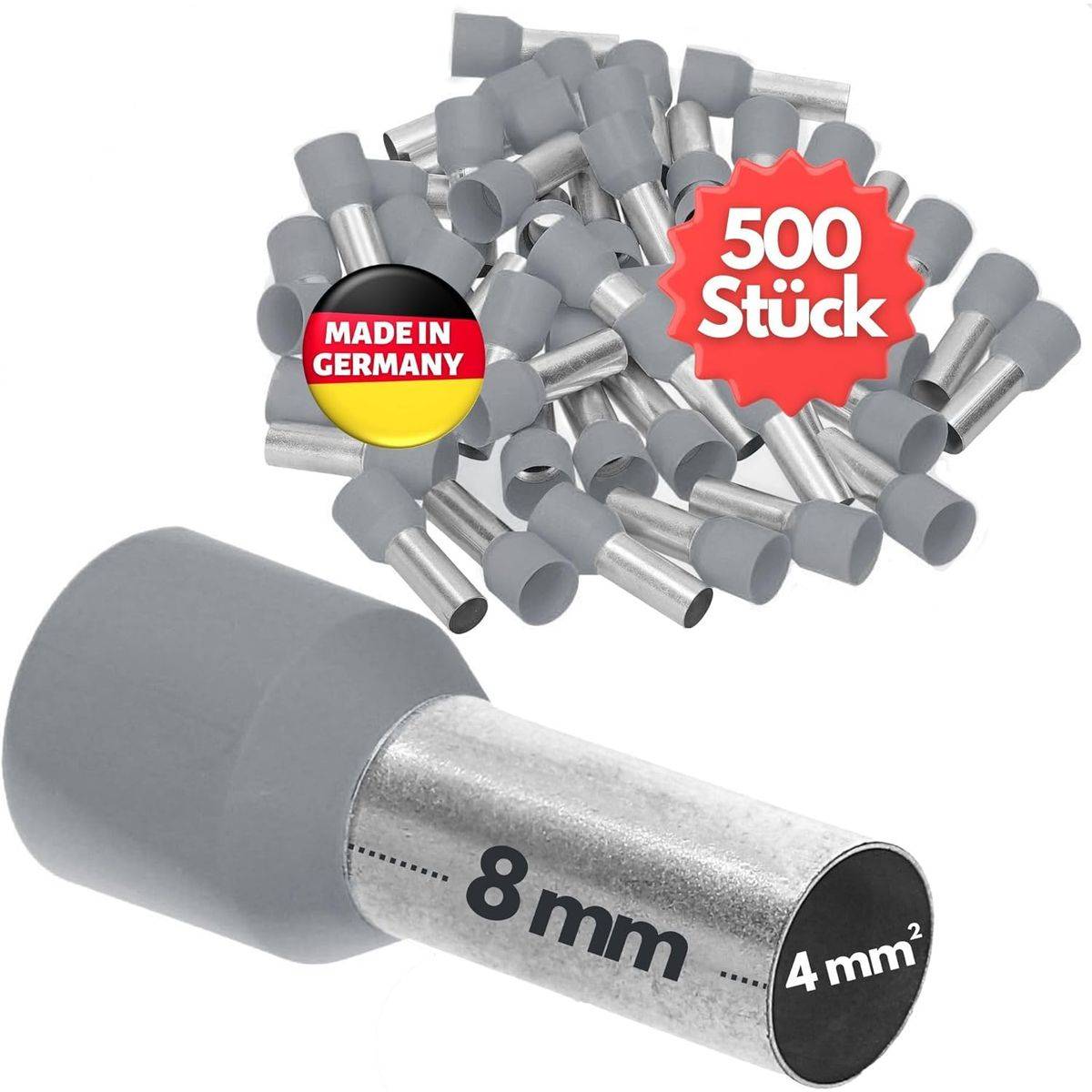 500 Stück Kalitec AE408GR Aderendhülsen isoliert 4,0mm² 8mm lang grau I Made in Germany I Industriequalität