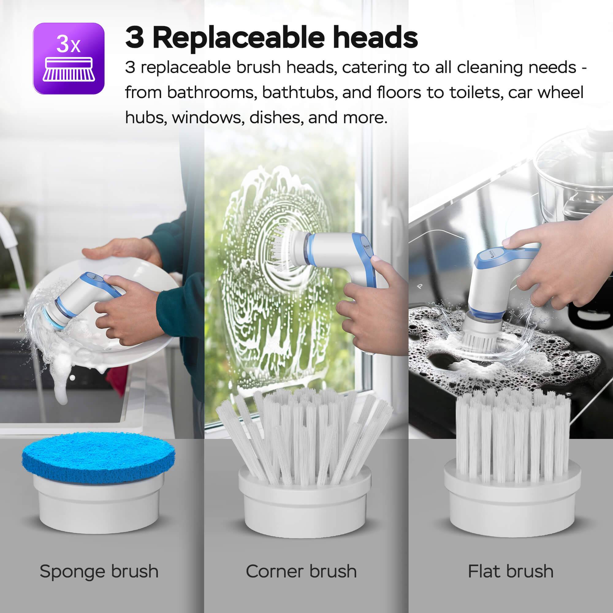 Elektrische Reinigungsbürste - Spin Scrubber, Putzbürste, Kabelloser Akku-Reinigungsschrubber mit 3 Bürstenaufsätzen, USB-C, schnurlos, Bad-, Kü