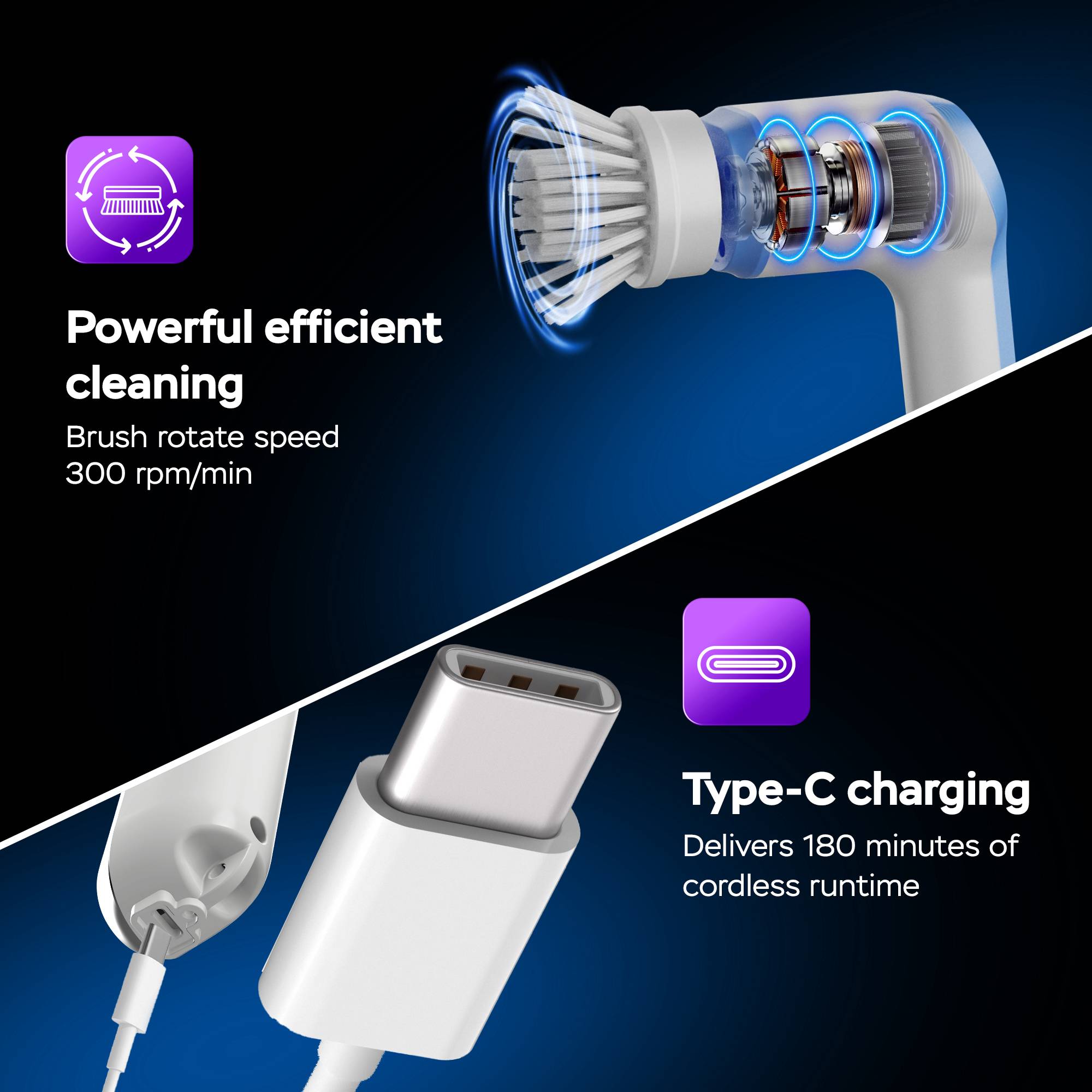 Elektrische Reinigungsbürste - Spin Scrubber, Putzbürste, Kabelloser Akku-Reinigungsschrubber mit 3 Bürstenaufsätzen, USB-C, schnurlos, Bad-, Kü