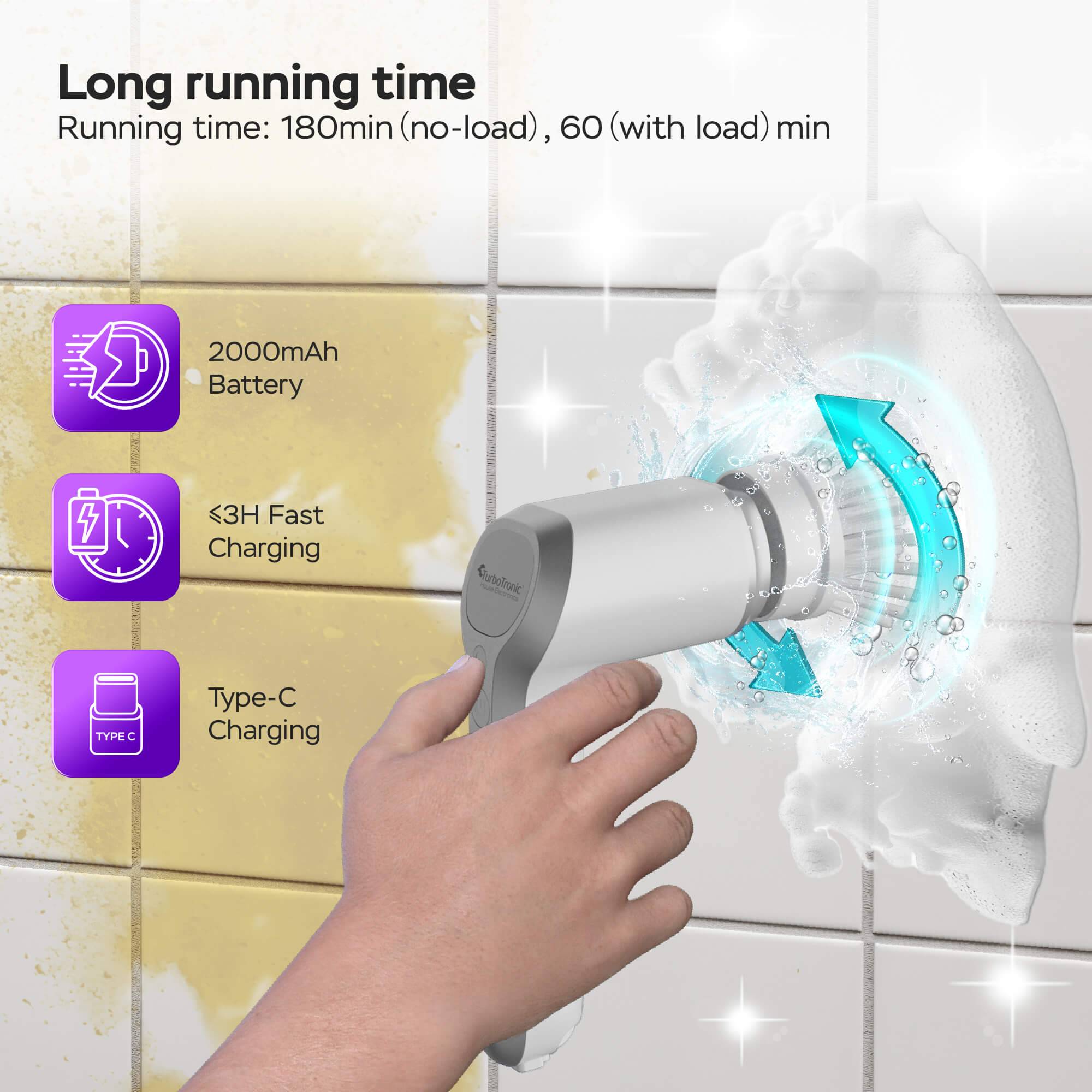 Elektrische Reinigungsbürste - Spin Scrubber, Putzbürste, Kabelloser Akku-Reinigungsschrubber mit 3 Bürstenaufsätzen, USB-C, schnurlos, Bad-, Kü