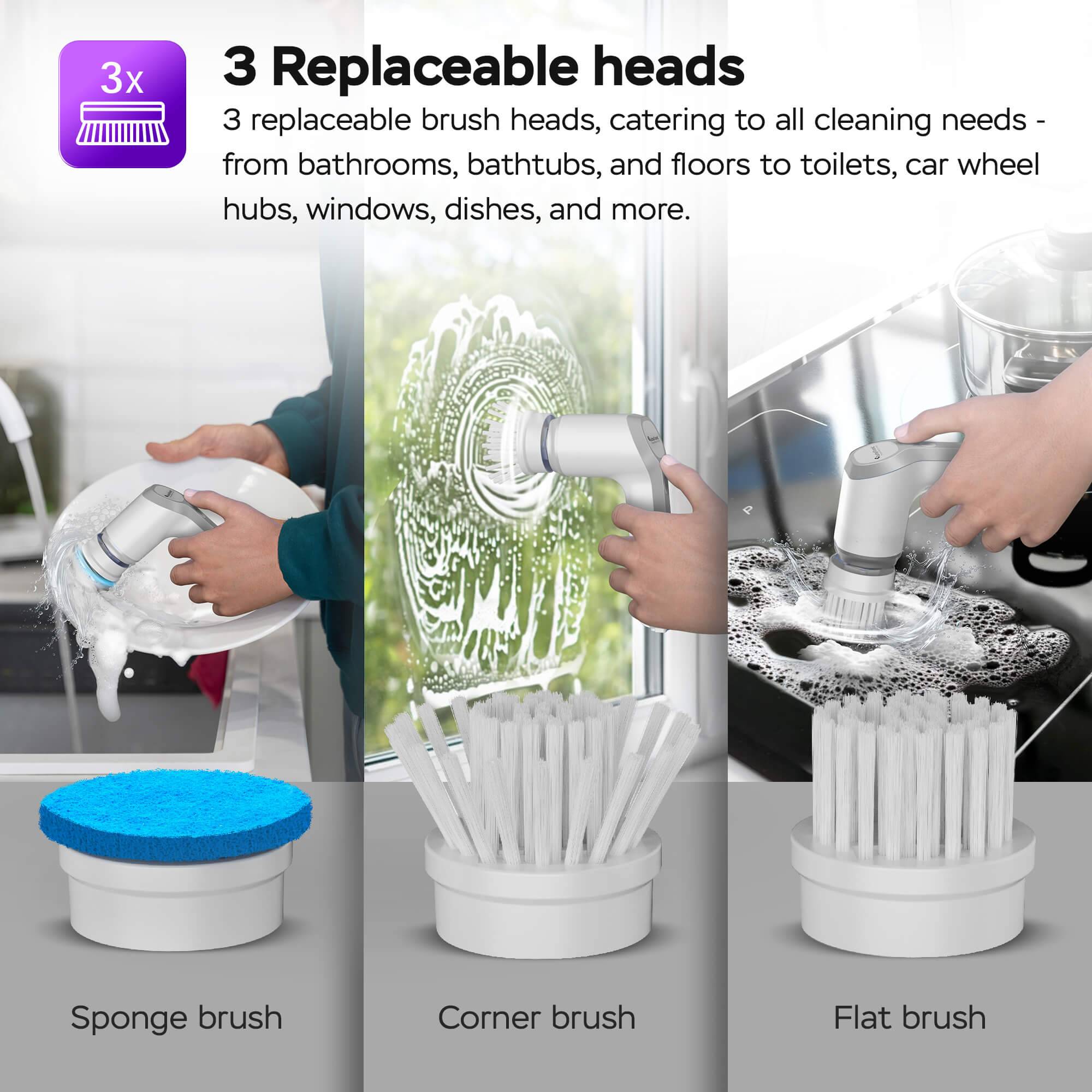 Elektrische Reinigungsbürste - Spin Scrubber, Putzbürste, Kabelloser Akku-Reinigungsschrubber mit 3 Bürstenaufsätzen, USB-C, schnurlos, Bad-, Kü