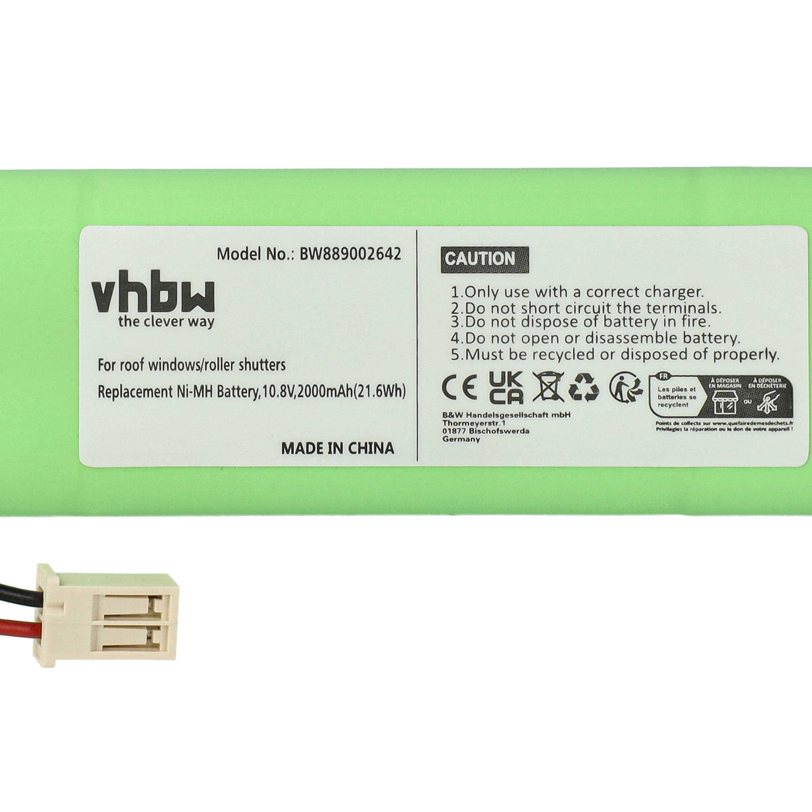 vhbw Akku Ersatz für Velux 946930, 946933 für Dachfensterrollladen (2000 mAh, 10,8 V, NiMH, mit Kabel)