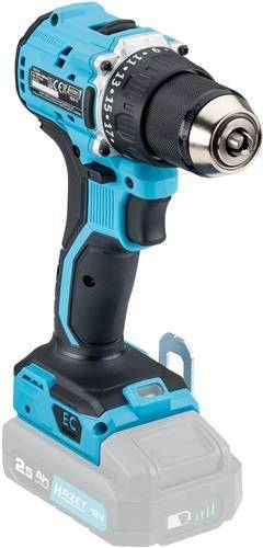 Eine blaue und schwarze kabellose Bohrmaschine mit Metallbohrfutter und Griff, die ihr ergonomisches Design und die schlüssellose Bohrfutterfunktion präsentiert.