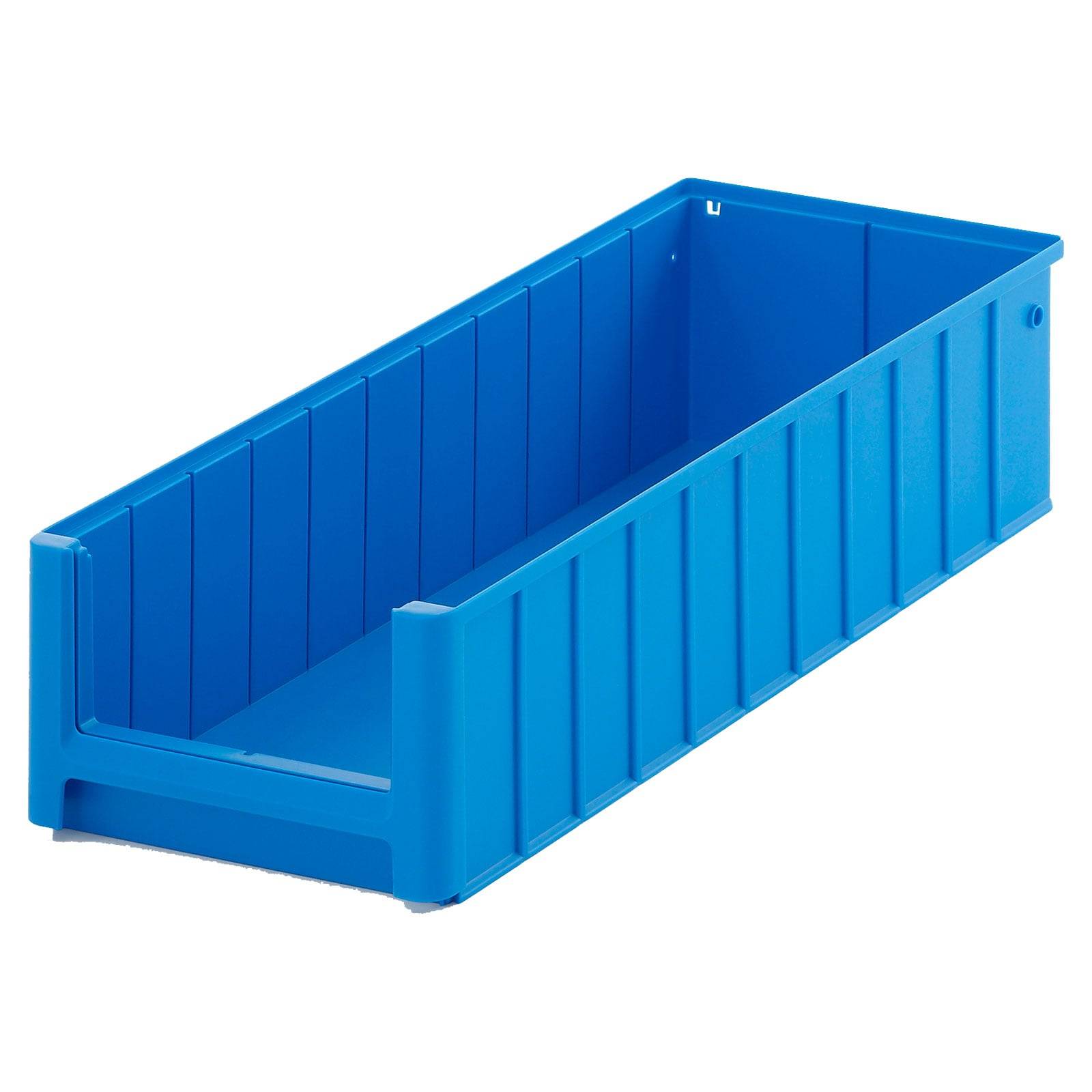 Eine große blaue Kunststoff-Aufbewahrungsbox in rechteckiger Form mit offener Vorderseite, konzipiert zum Organisieren und Aufbewahren verschiedener Gegenstände.