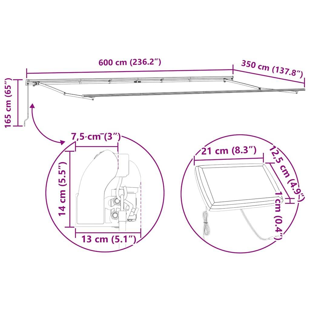vidaXL Markisenrahmen mit LED-Lichtleisten Weiß 600 x 350 cm Aluminium
