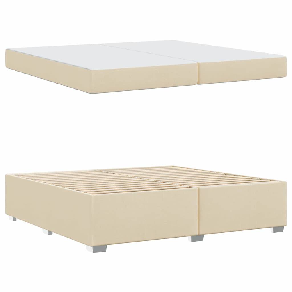 Minimalistischer beiger Bettrahmen mit Holzlatten, Draufsicht und seitliche Perspektive gezeigt.