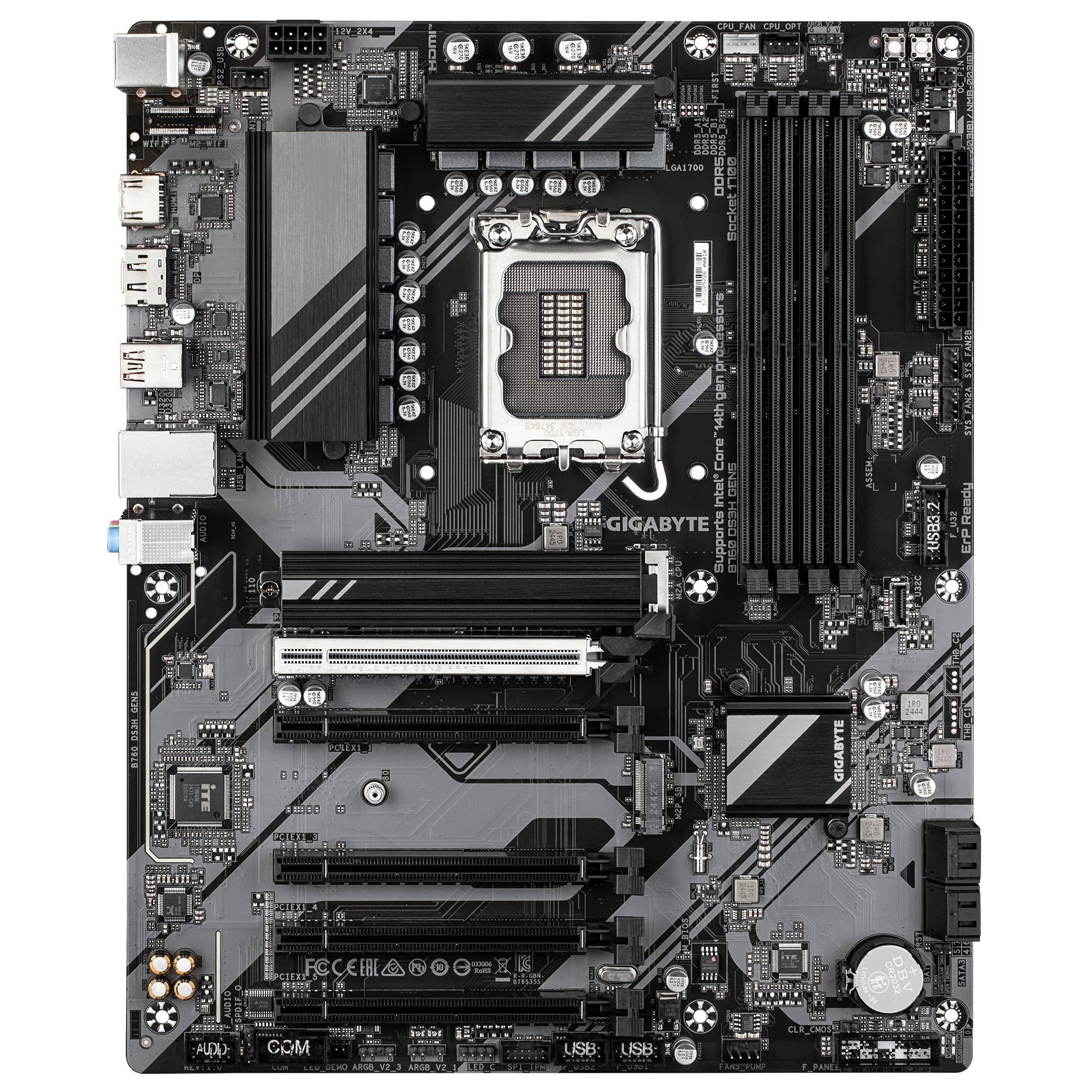 GIGABYTE-Computerplatine mit Intel-CPU-Sockel, RAM-Steckplätzen, PCIe-Steckplätzen und Kühlkörpern auf einer schwarz-grauen Platine.