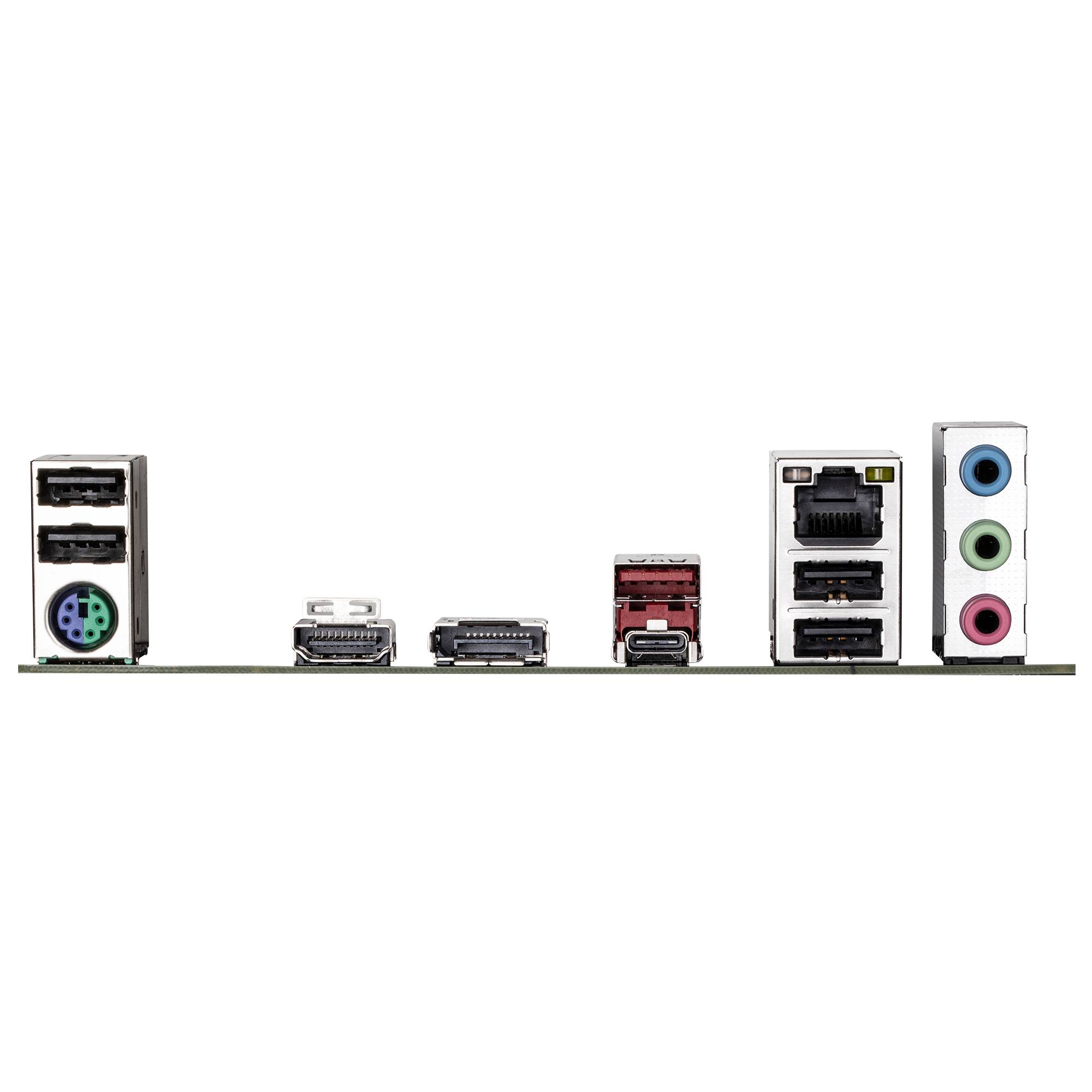 Rückseite des Motherboards mit I/O-Anschlussleiste mit mehreren Anschlüssen: USB, PS/2, Anzeige, Ethernet, Audiobuchsen und rote USB-C-/USB-Anschlüsse.