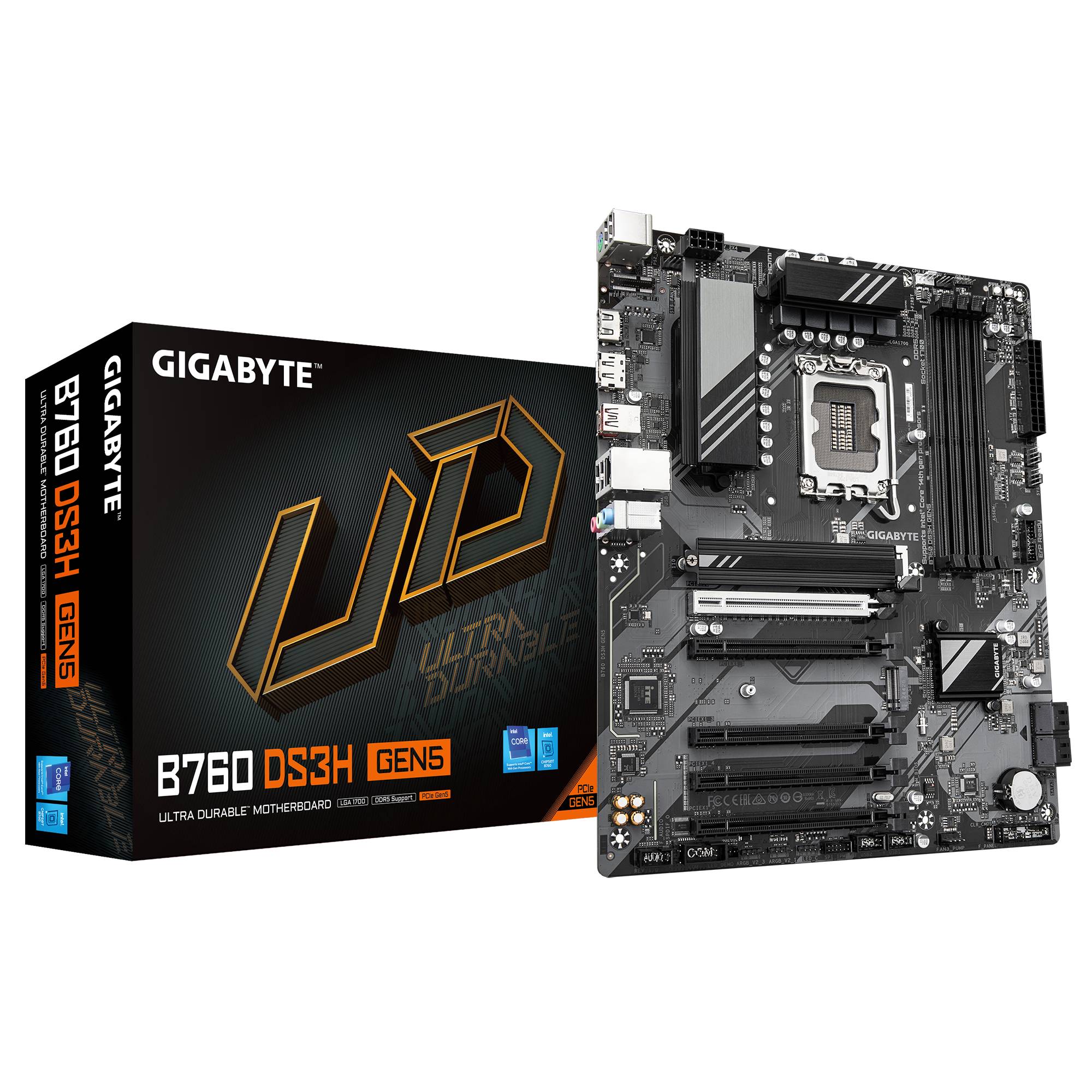 Gigabyte B760 DS3H GEN5 Mainboard, das neben seiner Einzelhandelverpackung auf schwarzem Hintergrund gezeigt wird.