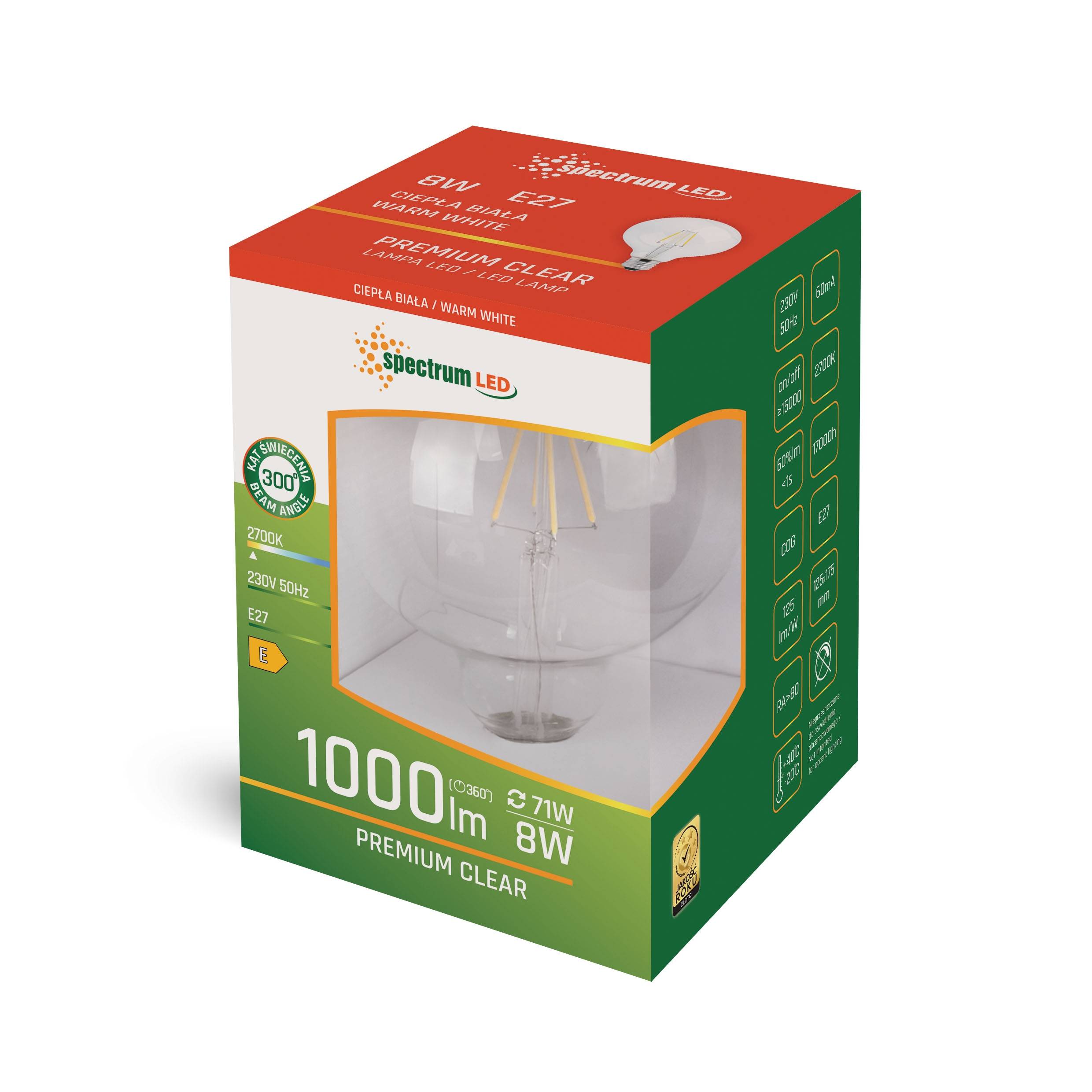 Spectrum LED E27 G125 Filament klar 8W = 71W 230V Globe 1000lm 300° Warmweiß 2700K