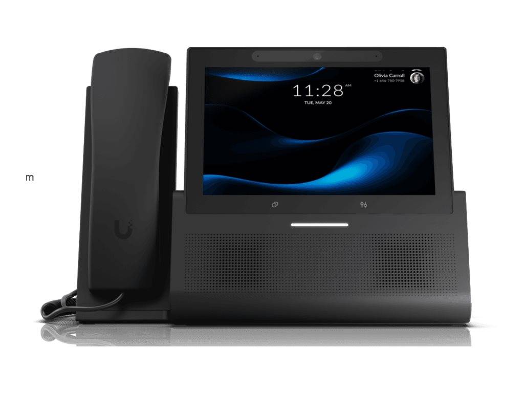 Schwarzes Schreibtischtelefon mit integriertem Touchscreen, auf dem '11:28 AM, Di, 20. Mai' angezeigt wird. Die Benutzeroberfläche zeigt ein einfaches blau-schwarzes Design.