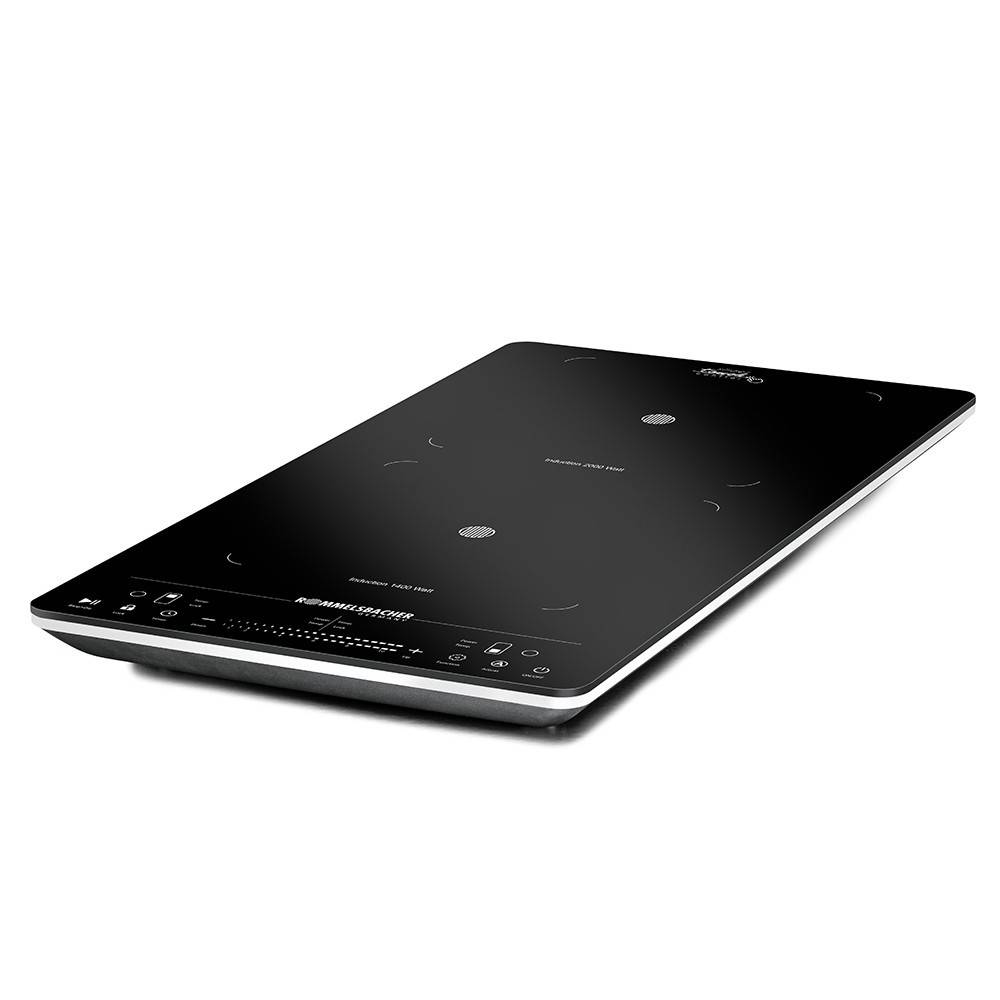 Eine elegante, schwarze Induktionskochplatte mit vier Kochzonen und Touchsteuerung. Die Oberfläche der Kochplatte ist glatt und modern gestaltet.