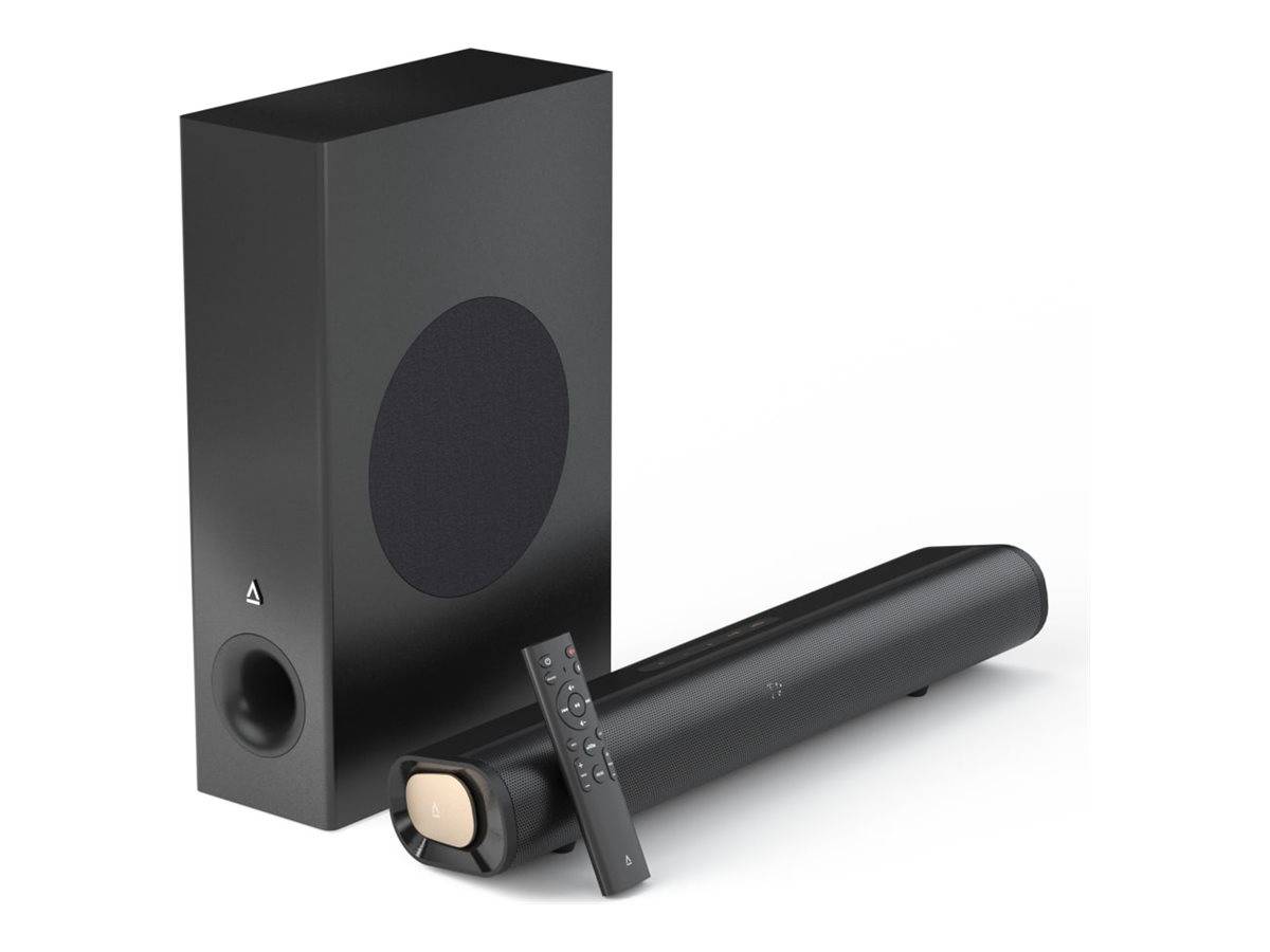 Eine schwarze Soundbar und ein Subwoofer mit Fernbedienung.