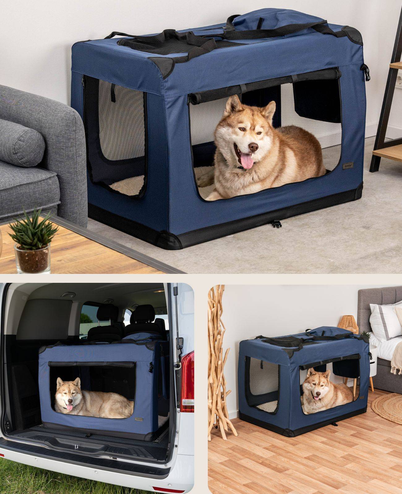 lionto Hundetransportbox faltbar, stabile Stoffbox mit Mesh-Einsätzen, ideal für Auto, Reise & Tierarzt, 101x69x70 cm, dunkelblau