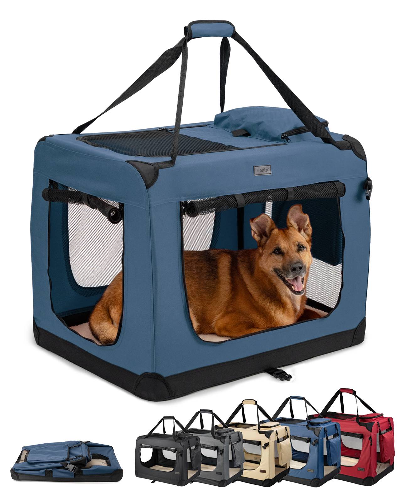 Ein brauner Hund liegt in einem blauen, tragbaren Haustier-Transportkäfig mit Maschenfenstern und schwarzen Trageriemen. Darunter sind kleinere Käfige in verschiedenen Farben zu sehen.