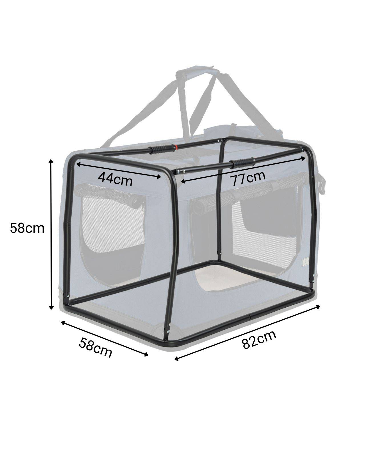Eine tragbare Tiertransportbox mit Netzseiten und Metallrahmen. Abmessungen: 82 cm Länge, 58 cm Tiefe, 58 cm Höhe. Seitenöffnung: 77 cm Breite.