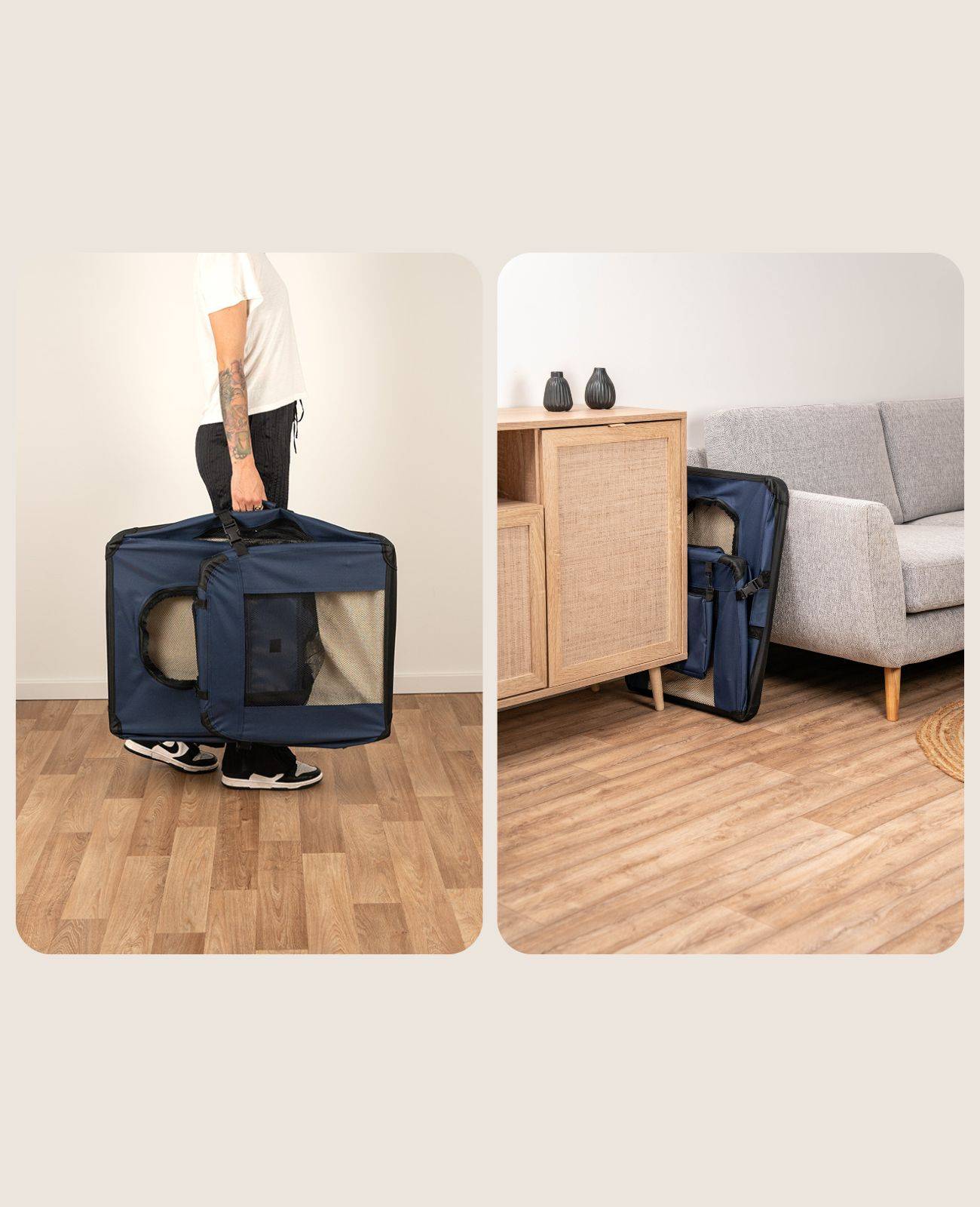 Eine Person trägt einen tragbaren Haustier-Transportkorb mit Netzseiten. Der Korb ist neben einem Sofa gelagert, wobei sein kompaktes Aufbewahrungsdesign hervorgehoben wird.