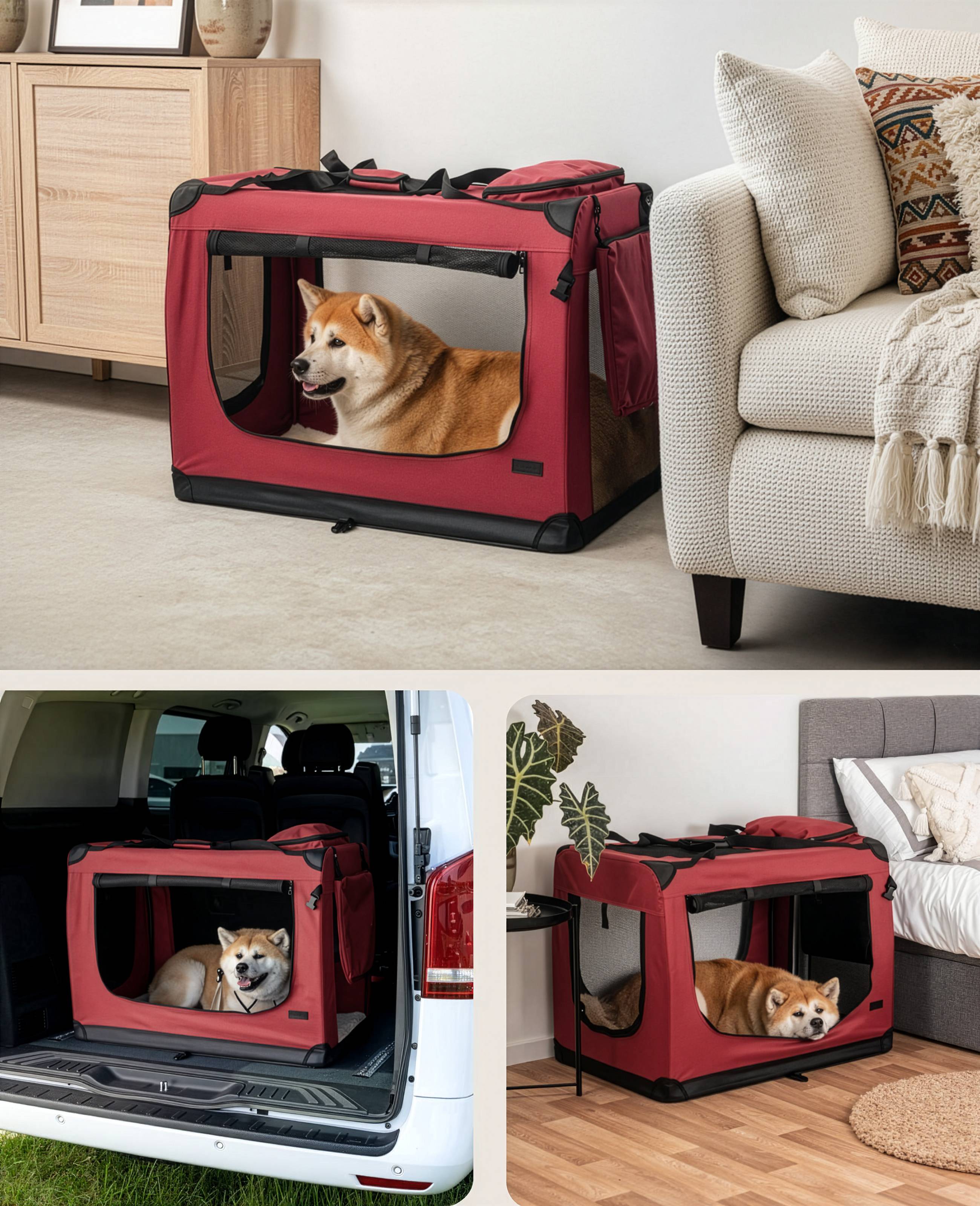 Ein Hund sitzt gemütlich in einem roten, tragbaren Tierreisekäfig, der an verschiedenen Orten steht: neben einem Sofa im Wohnzimmer, im Auto und auf dem Boden.