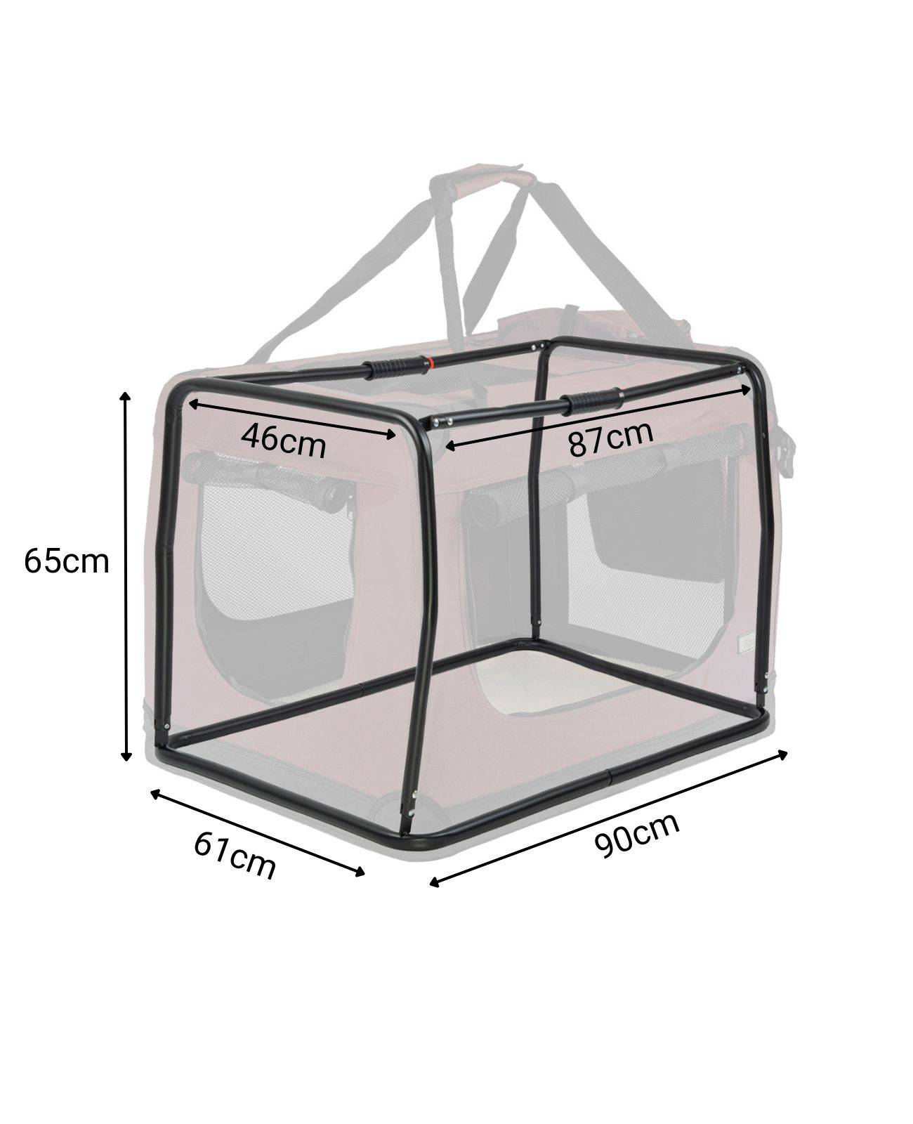 Zusammenklappbare Haustiertragetasche mit Abmessungen: 46 cm breit, 87 cm hoch, 65 cm tief, 61 cm von vorne nach hinten, 90 cm von Seite zu Seite. Mit Tragegriff oben.
