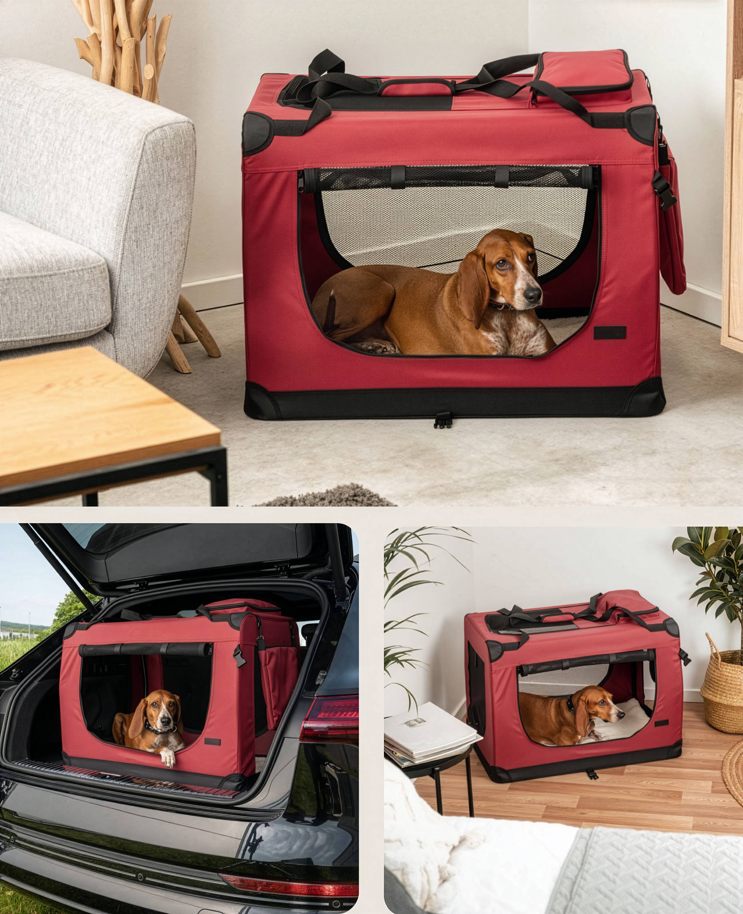 Ein brauner Hund liegt in einem roten Haustierträger in einem Wohnzimmer. Der Träger wird auch in einem Auto und an einer Wand zusammengefaltet gezeigt, was seine Transportfähigkeit demonstriert.