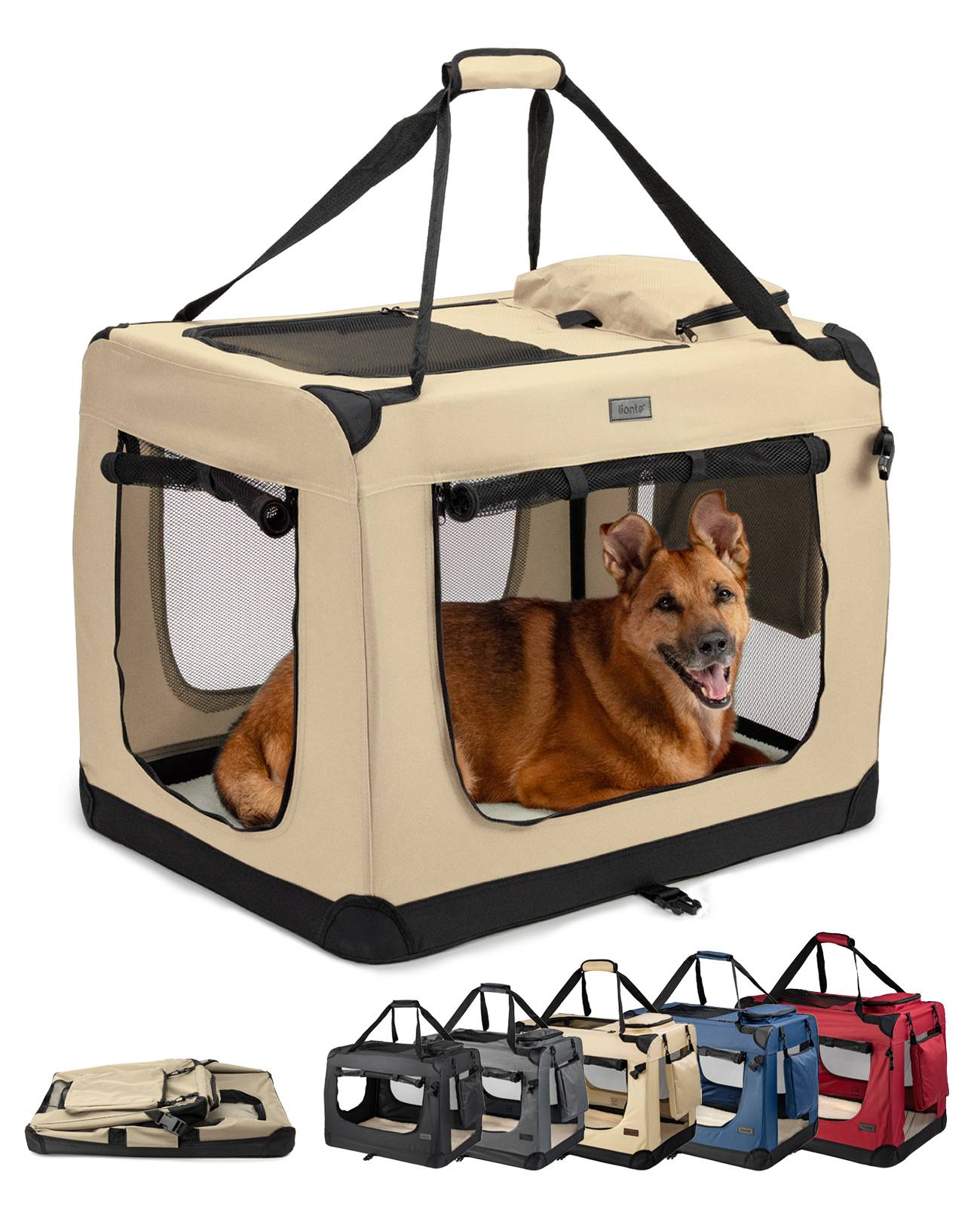 Ein fröhlicher Hund liegt in einer beigen, tragbaren Haustier-Transportbox mit Netzfenstern. Drei zusätzliche Transportboxen in Khaki, Schwarz und Rot sind darunter abgebildet.