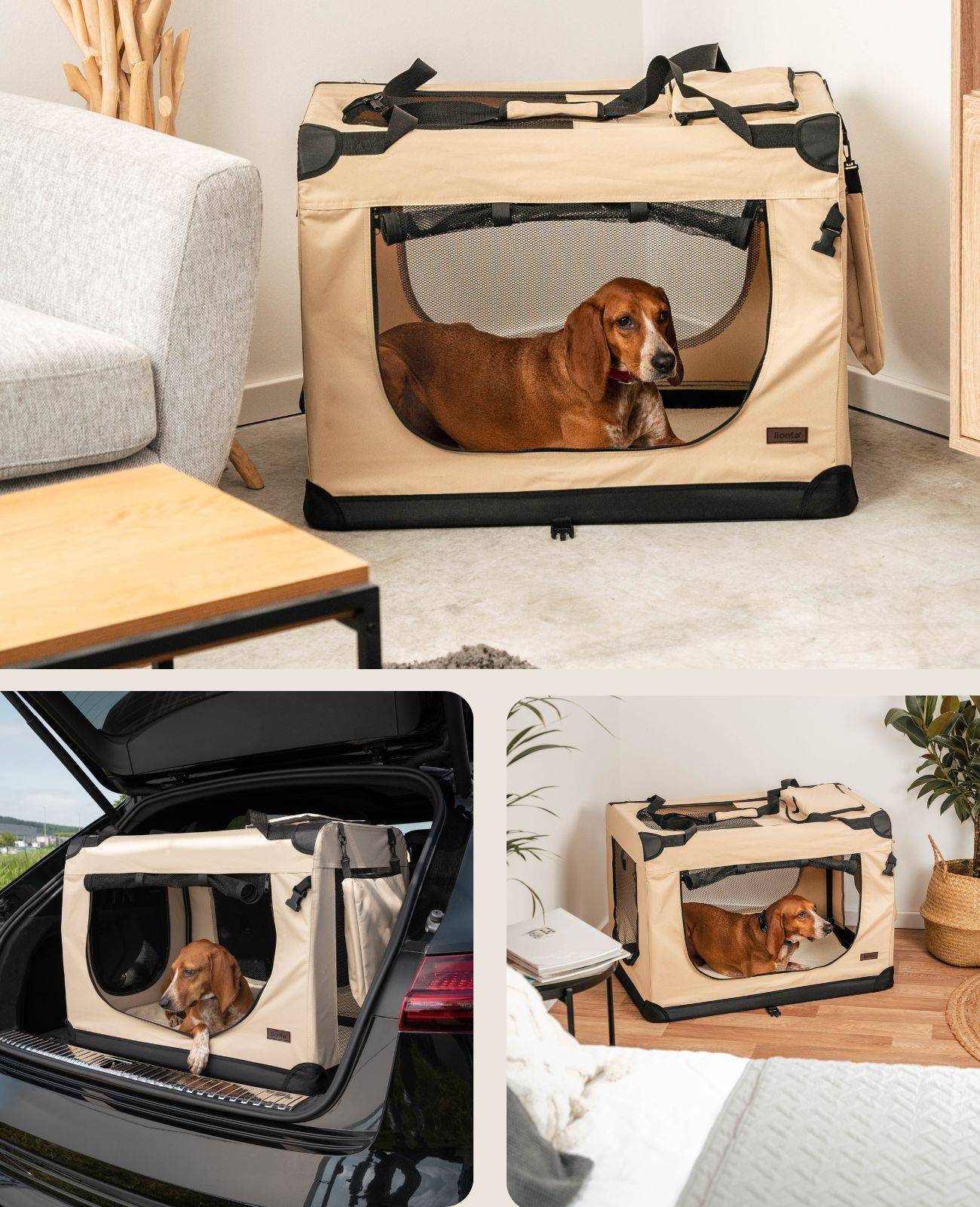 lionto Hundetransportbox faltbar, stabile Stoffbox mit Mesh-Einsätzen, ideal für Auto, Reise & Tierarzt, 82x58x58 cm, beige