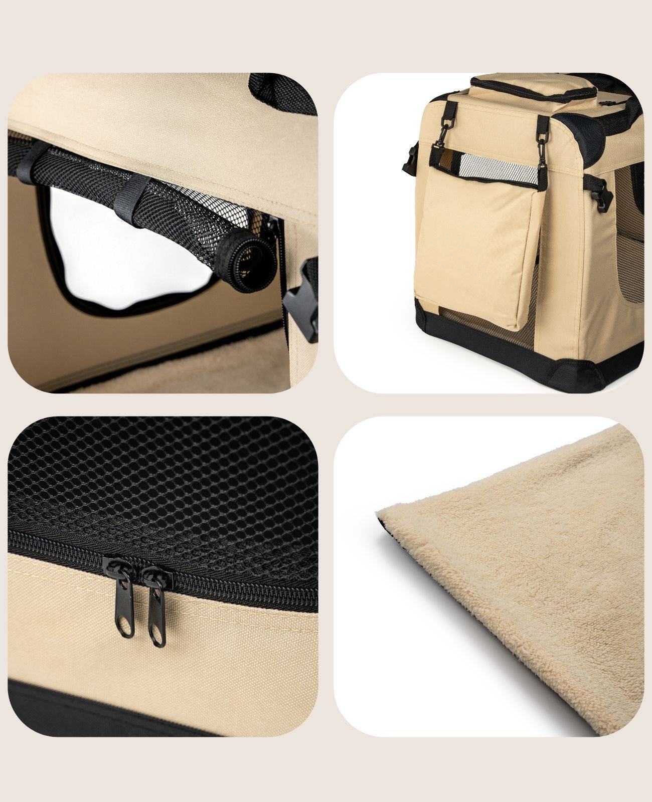 lionto Hundetransportbox faltbar, stabile Stoffbox mit Mesh-Einsätzen, ideal für Auto, Reise & Tierarzt, 82x58x58 cm, beige