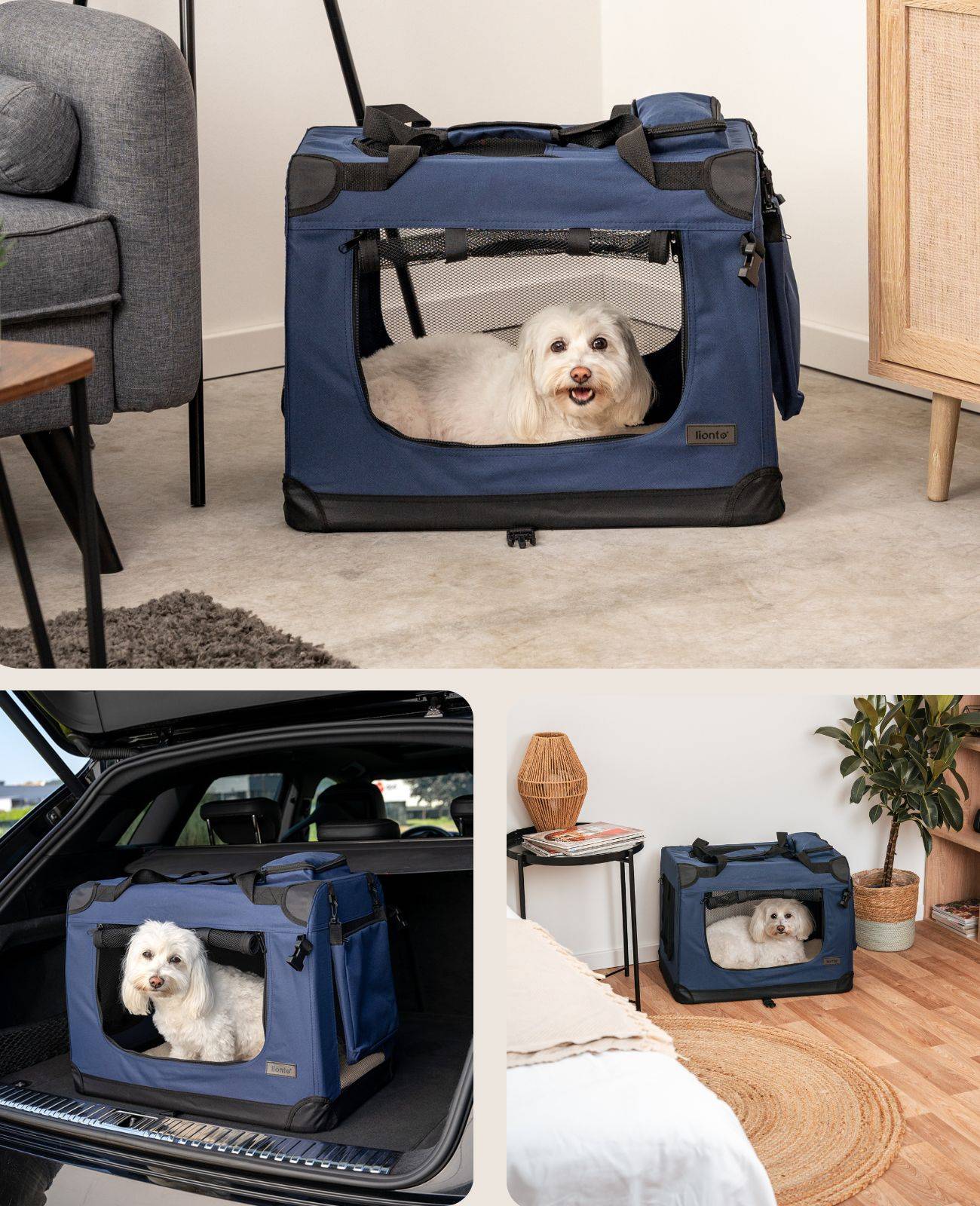 lionto Hundetransportbox faltbar, stabile Stoffbox mit Mesh-Einsätzen, ideal für Auto, Reise & Tierarzt, 60x42x44 cm, dunkelblau