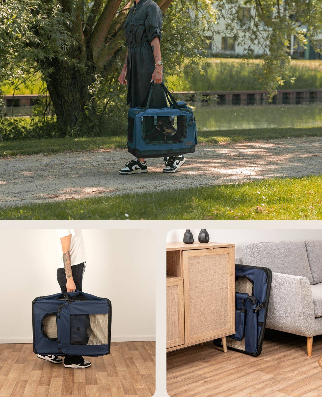 lionto Stoff-Katzentransportbox faltbar, belüftete Transportbox mit Reißverschluss-Zugängen & weichem Innenkissen, 60x42x44 cm, dunkelblau