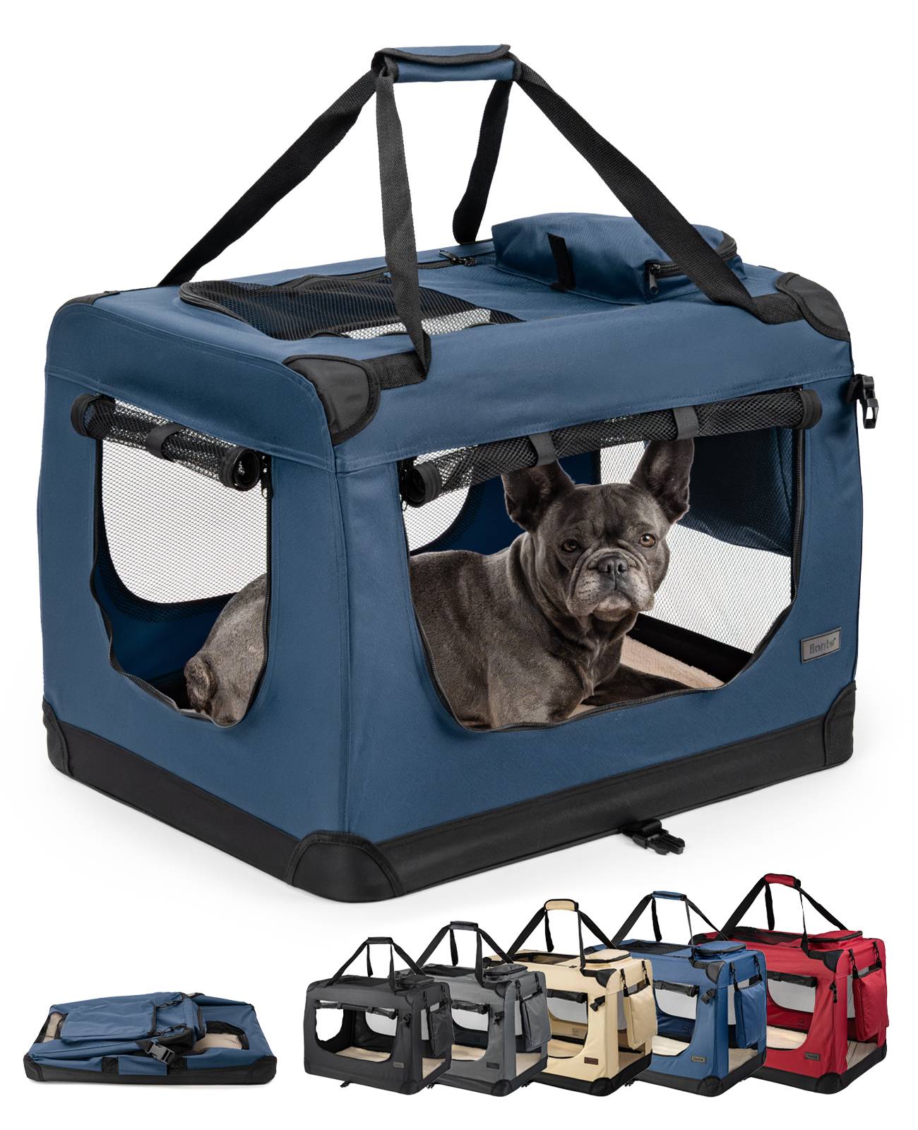 Eine blaue tragbare Tiertransportbox mit Maschenfenstern und einem grauen Hund im Inneren. Weitere Farboptionen umfassen schwarze, rote und beige Transportboxen, die darunter angeordnet sind.