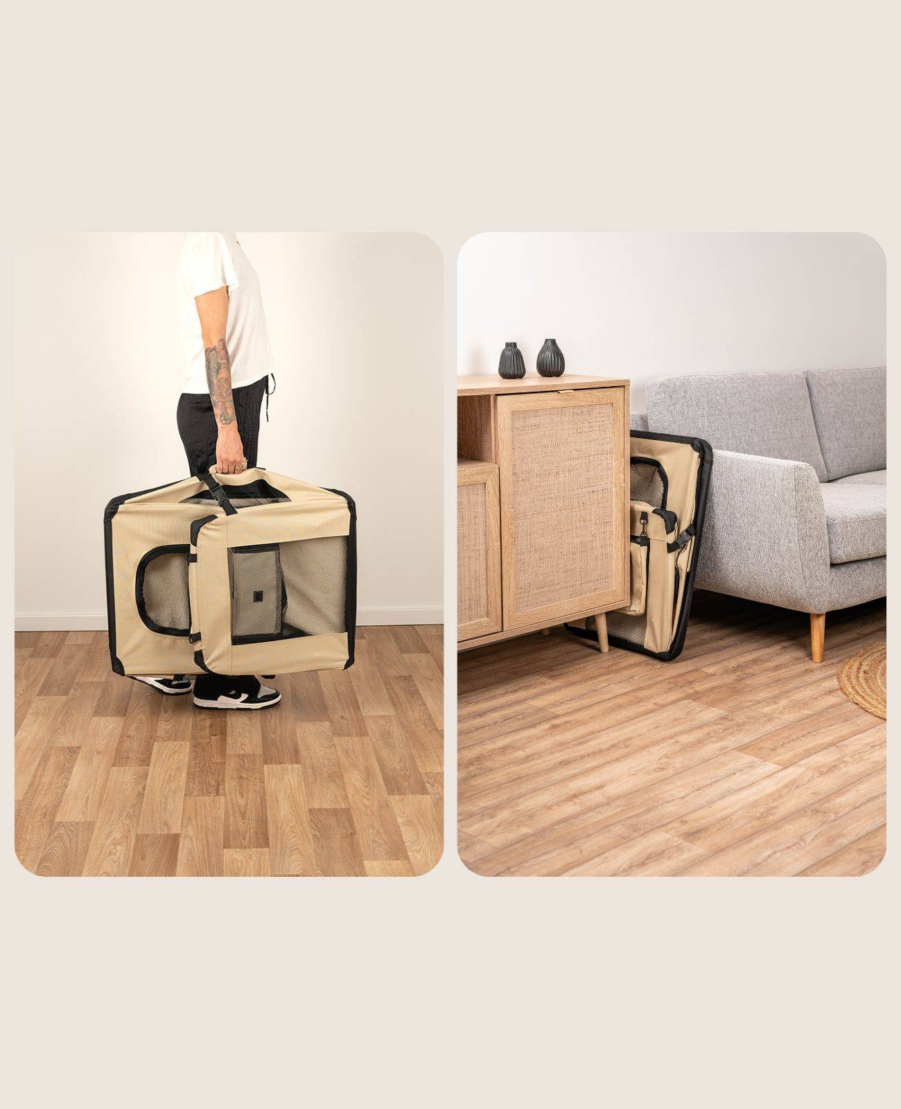 lionto Hundetransportbox faltbar, stabile Stoffbox mit Mesh-Einsätzen, ideal für Auto, Reise & Tierarzt, 90x61x65 cm, beige