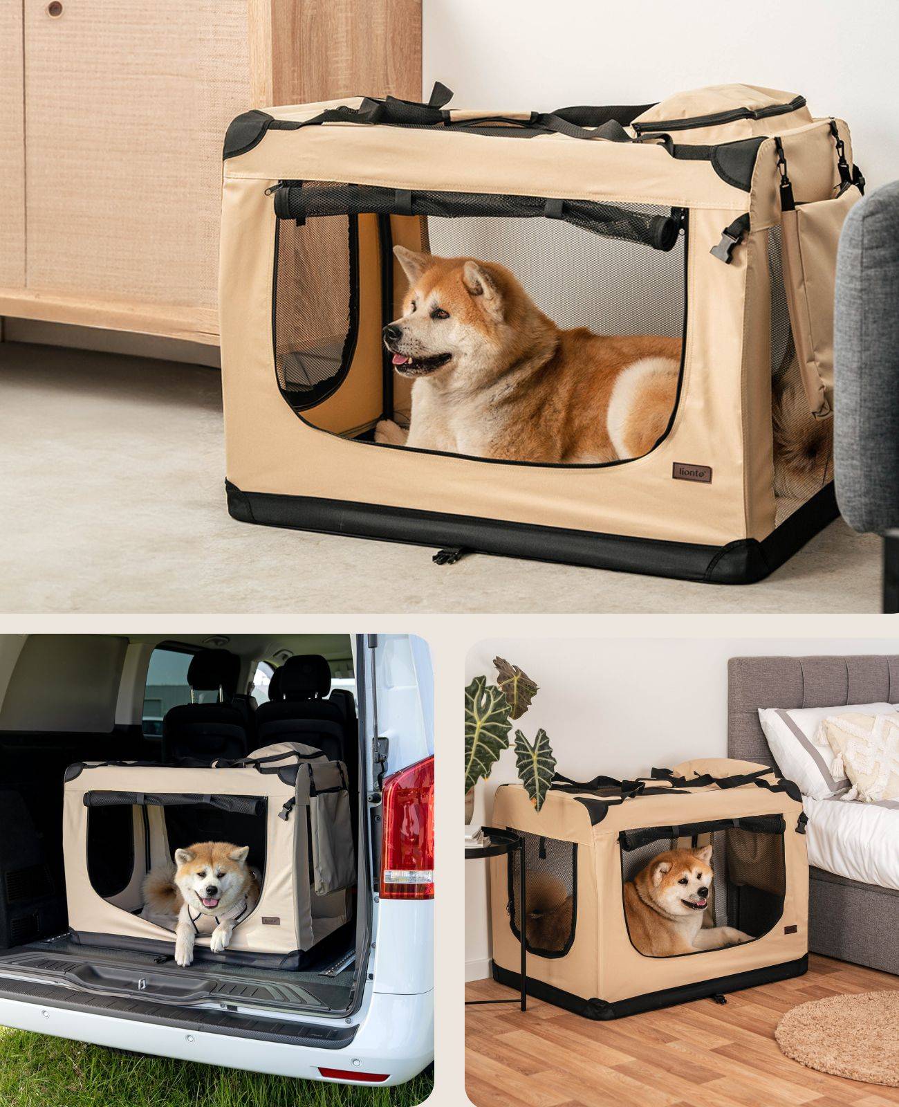 lionto Hundetransportbox faltbar, stabile Stoffbox mit Mesh-Einsätzen, ideal für Auto, Reise & Tierarzt, 90x61x65 cm, beige