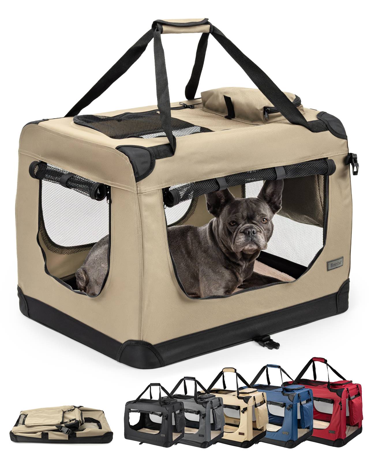 Ein Bulldogge sitzt in einem beigen, tragbaren Haustier-Transportkorb mit Netzpanels. Andere Transportkörbe in Schwarz, Grau und Rot sind darunter abgebildet.