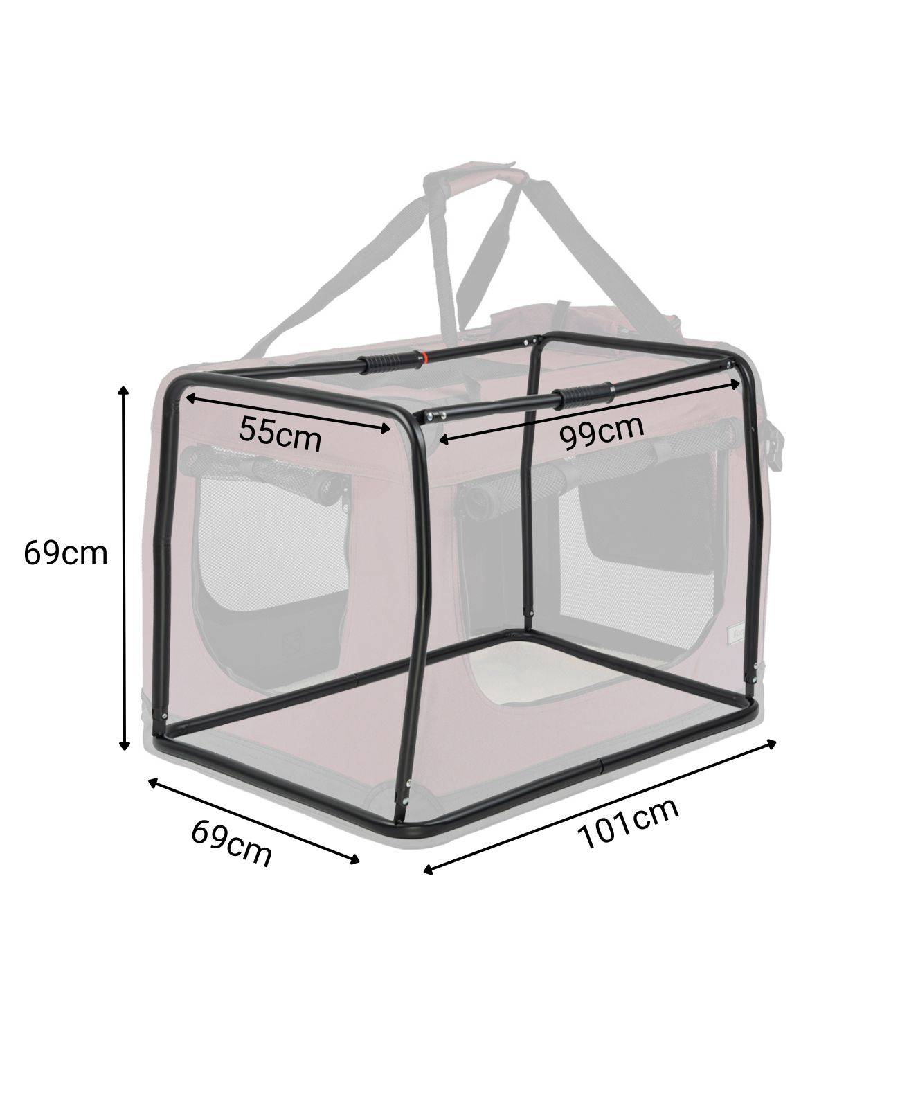 Transportbox für Haustiere mit Metallrahmen, Abmessungen: 101 cm Länge, 69 cm Breite, 69 cm Höhe; 99 cm und 55 cm Abschnitte. Ausgestattet mit Stoffpaneelen.