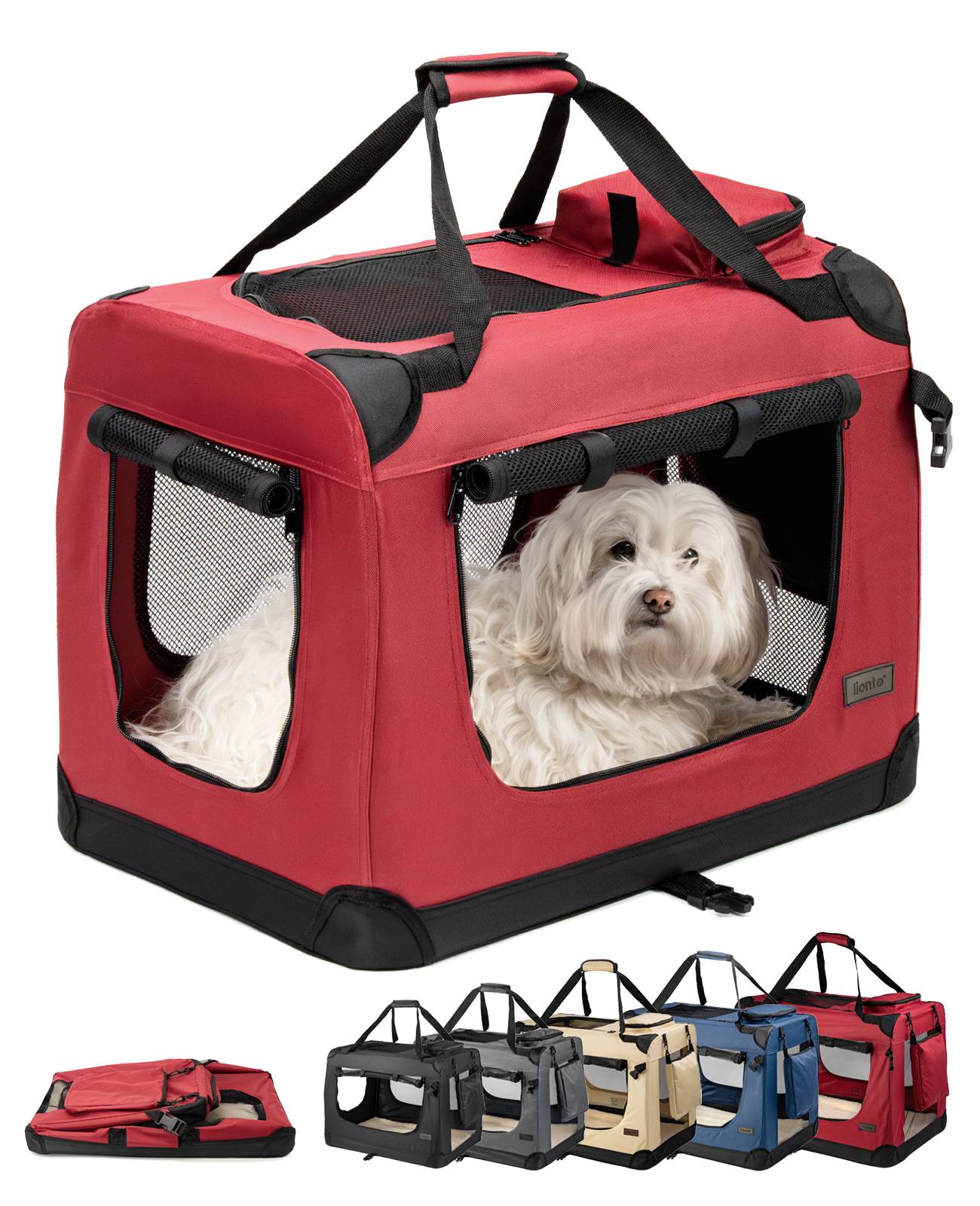 Ein kleiner weißer Hund sitzt in einem roten Haustierträger mit Netzöffnungen und schwarzen Griffen und blickt heraus. Mehrere ähnliche Träger befinden sich darunter.