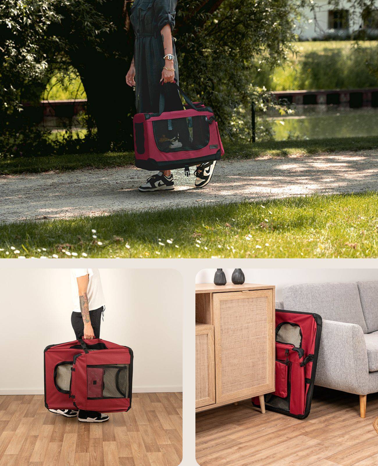 lionto Hundetransportbox faltbar, stabile Stoffbox mit Mesh-Einsätzen, ideal für Auto, Reise & Tierarzt, 60x42x44 cm, dunkelrot