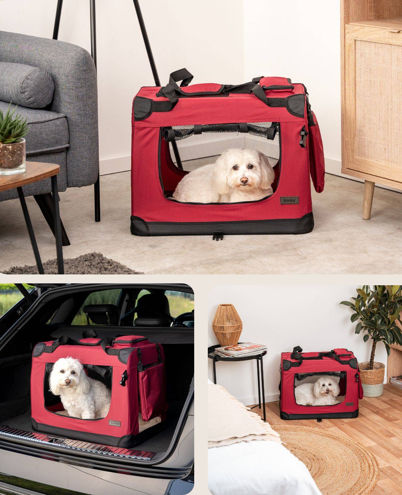 lionto Hundetransportbox faltbar, stabile Stoffbox mit Mesh-Einsätzen, ideal für Auto, Reise & Tierarzt, 60x42x44 cm, dunkelrot
