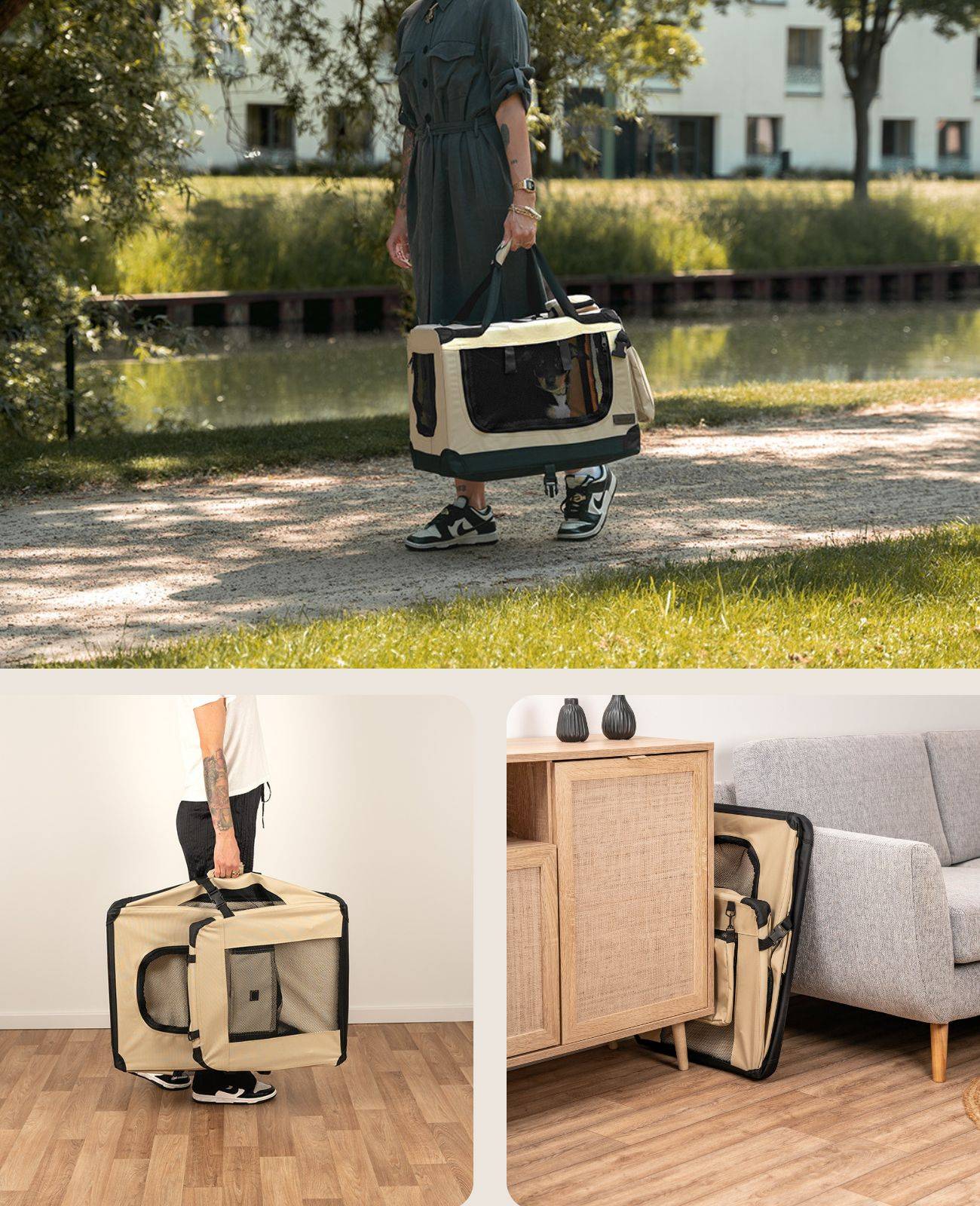 lionto Hundetransportbox faltbar, stabile Stoffbox mit Mesh-Einsätzen, ideal für Auto, Reise & Tierarzt, 60x42x44 cm, beige