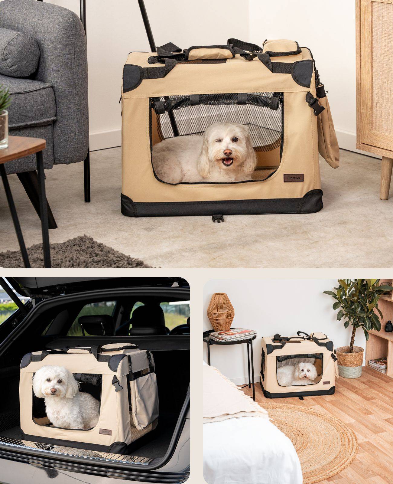 lionto Hundetransportbox faltbar, stabile Stoffbox mit Mesh-Einsätzen, ideal für Auto, Reise & Tierarzt, 60x42x44 cm, beige
