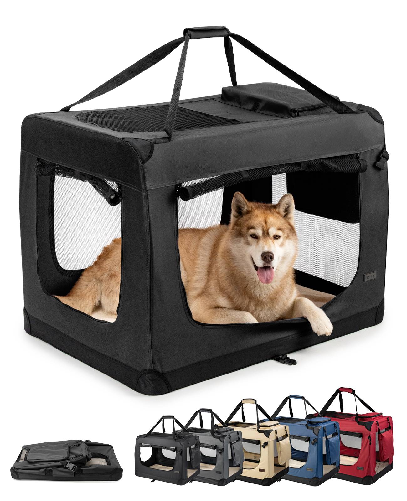 Ein Hund entspannt sich in einer tragbaren, weichen Transportbox mit Netzfenstern. Mehrere Boxen in verschiedenen Farben sind darunter abgebildet.