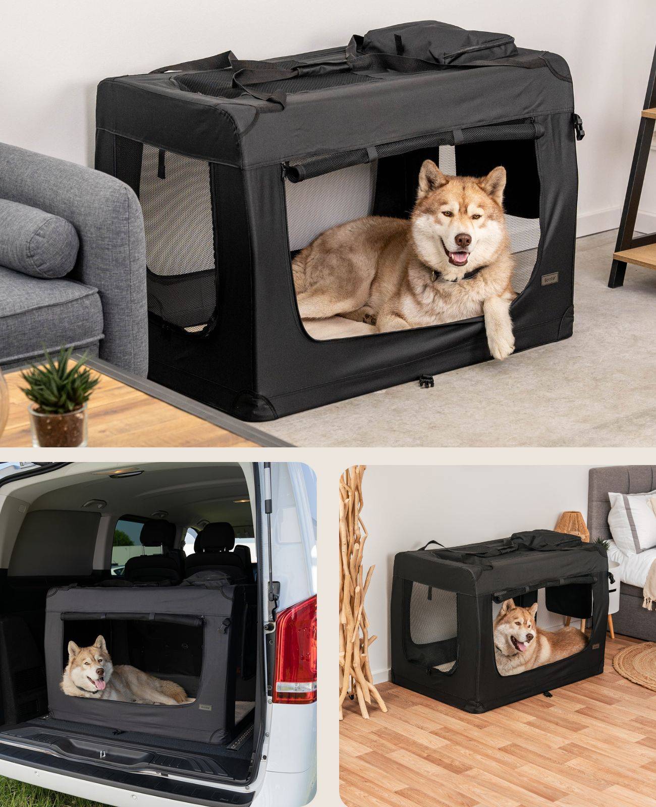 lionto Hundetransportbox faltbar, stabile Stoffbox mit Mesh-Einsätzen, ideal für Auto, Reise & Tierarzt, 101x69x70 cm, schwarz
