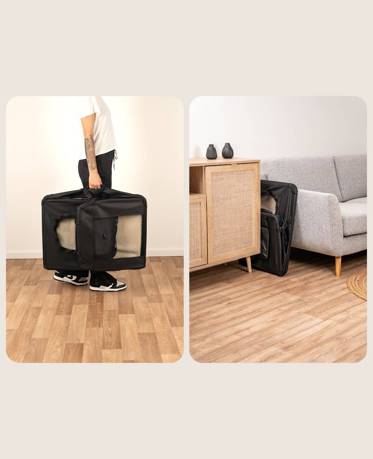 lionto Hundetransportbox faltbar, stabile Stoffbox mit Mesh-Einsätzen, ideal für Auto, Reise & Tierarzt, 101x69x70 cm, schwarz