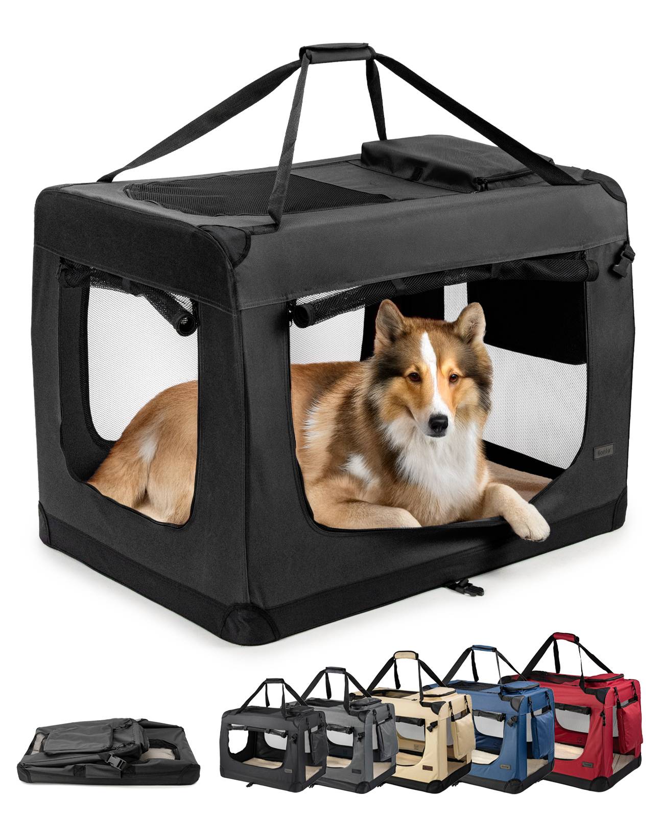 Ein brauner und weißer Hund, der in einem schwarzen, tragbaren Haustier-Transportkorb mit Maschenseiten liegt. Vier weitere Transportkörbe sind in verschiedenen Farben darunter abgebildet.