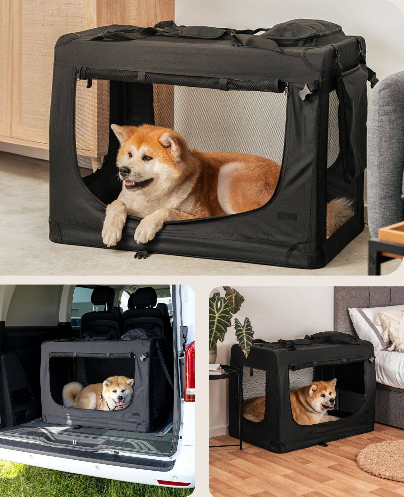 lionto Hundetransportbox faltbar, stabile Stoffbox mit Mesh-Einsätzen, ideal für Auto, Reise & Tierarzt, 90x61x65 cm, schwarz