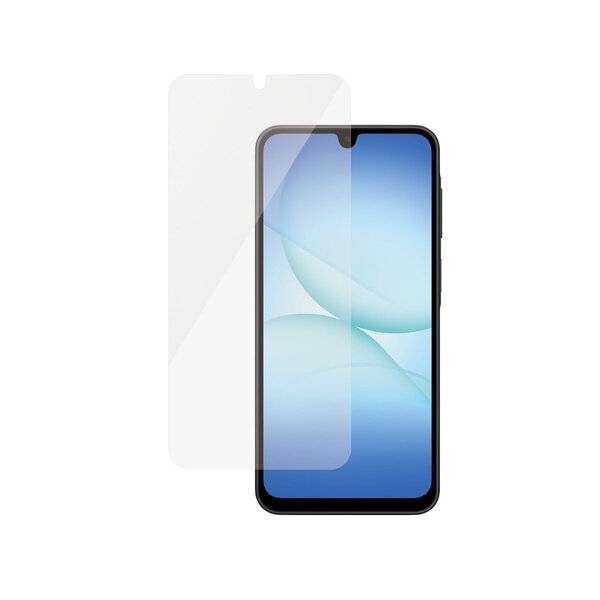 Smartphone mit klarem Schutzfolienschutz neben dem Telefon abgebildet, wobei die angepasste transparente Folie und der teardrop-förmige Notch-Ausschnitt hervorgehoben werden.