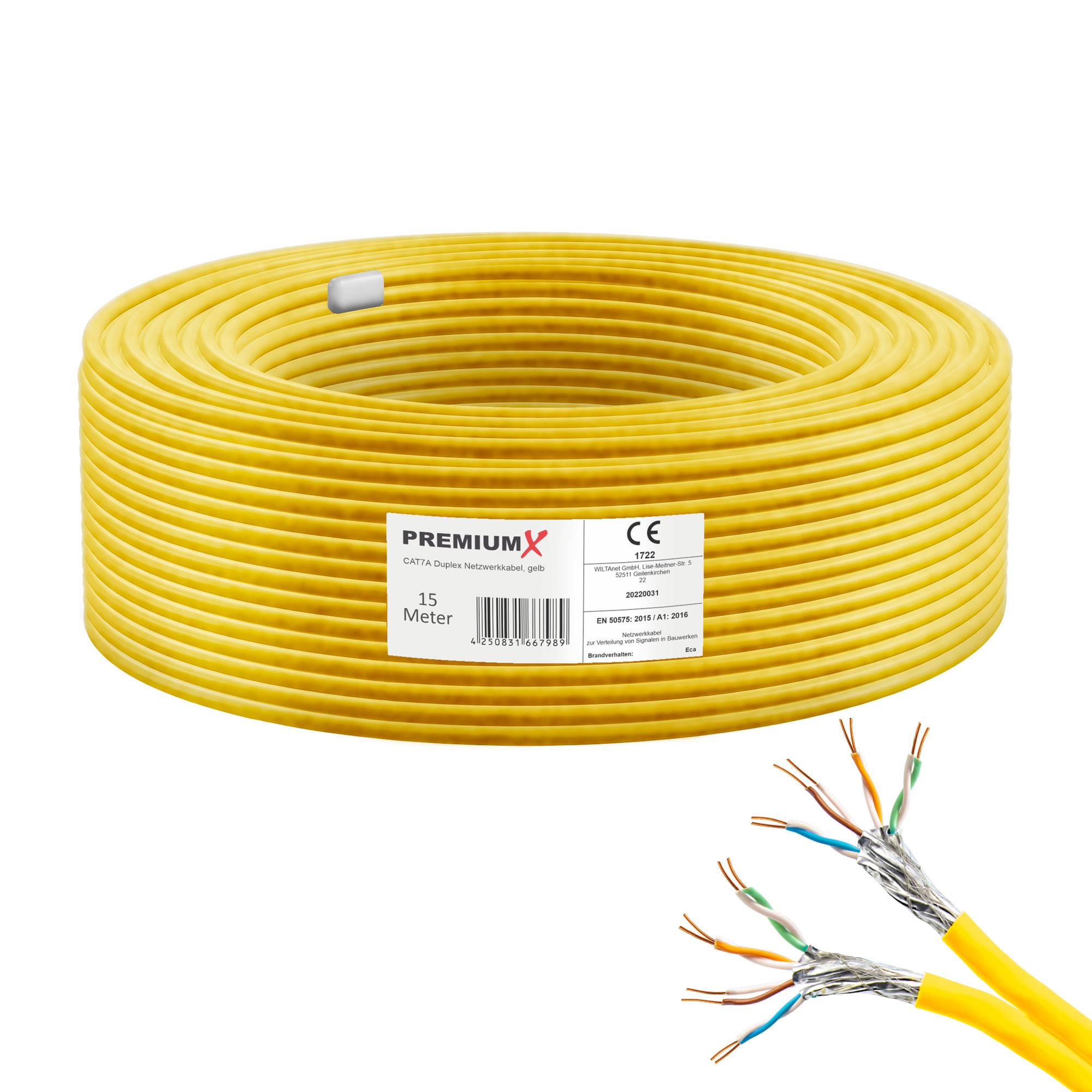 PremiumX 15m CAT 7A Netzwerkkabel Duplex LAN-Kabel Verlegekabel Ethernet Kupfer Datenkabel AWG 23 S/FTP PiMF PoE Eca Cat7A 1200 MHz