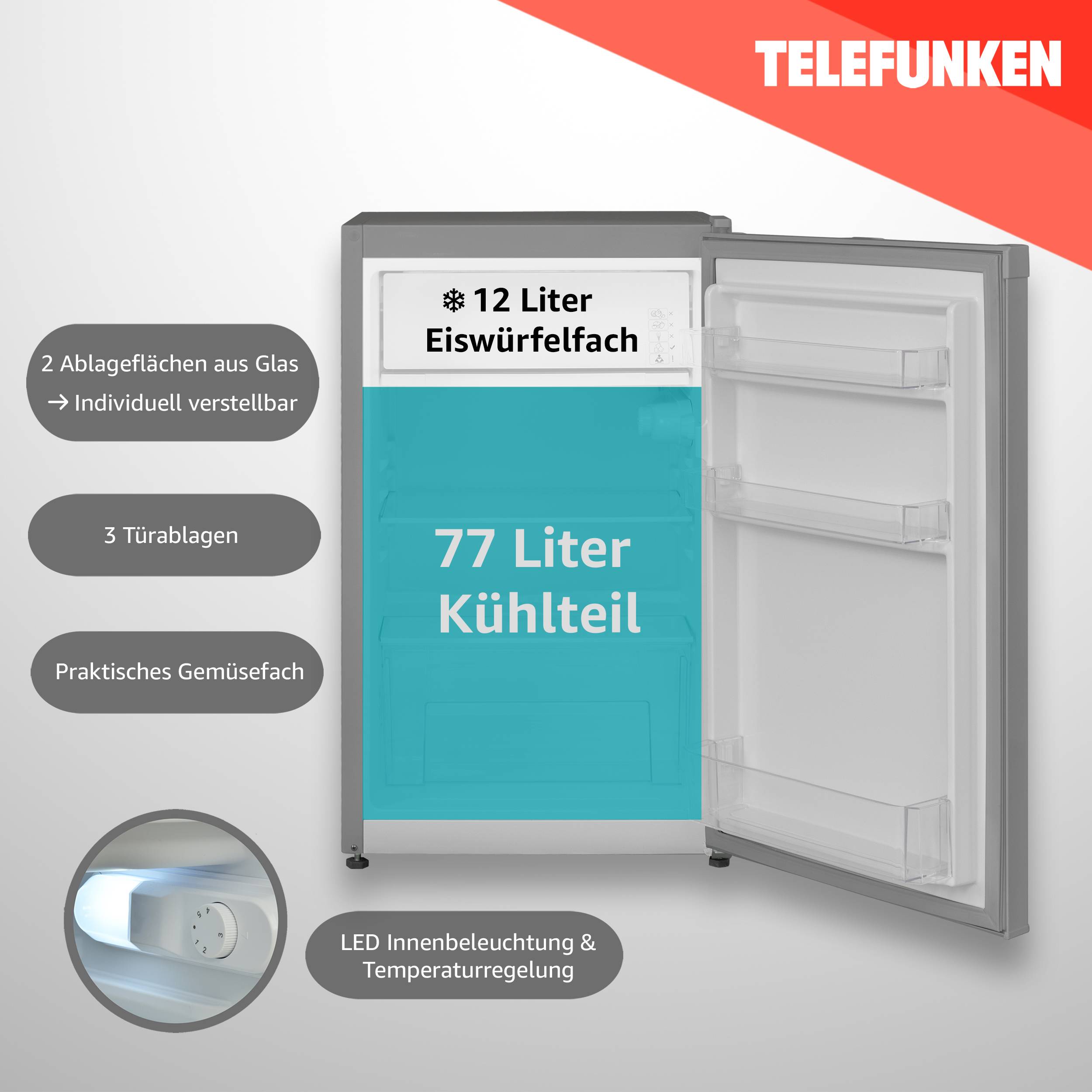 Telefunken Kühlschrank mit Gefrierfach (nur für Eiswürfel) | 89 Liter | klein und freistehend | CF-33-101-S2 silber