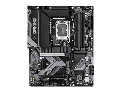 Ein Gigabyte-Motherboard mit LGA-Sockel für Intel-Prozessoren, mehreren RAM-Steckplätzen, PCIe-Steckplätzen und verschiedenen Anschlüssen.