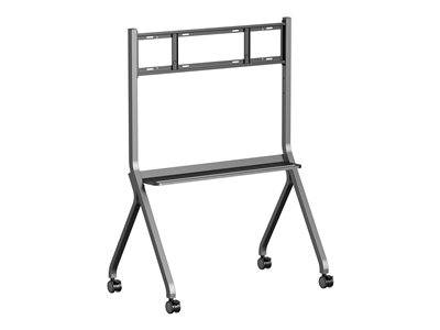 Mobiler TV-Ständer mit Metallrahmen und vier Rollen, konzipiert zum Halten eines Monitors oder Fernsehbildschirms.