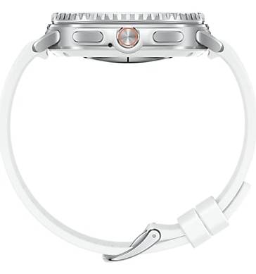 Seitenansicht einer silbernen Smartwatch mit weißem Armband und Verschluss, zentriert auf einem einfachen Hintergrund dargestellt.
